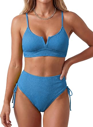 Womens High Waisted Tummy Control Bikini Sets, 2 Piece Modest Swimsuit, Ribbed Bathing Suits