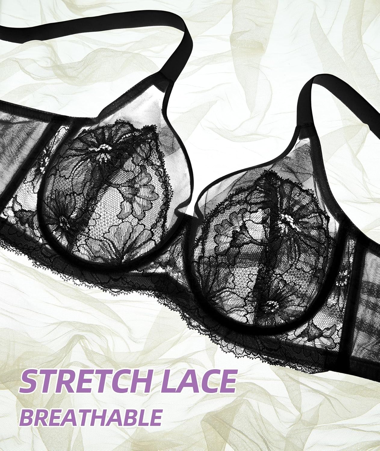 Womens Minimizer Bra Full Coverage Unlined Underwire Support Floral Lace Bralette with Mesh Cups Plus Size Bras - Image 4