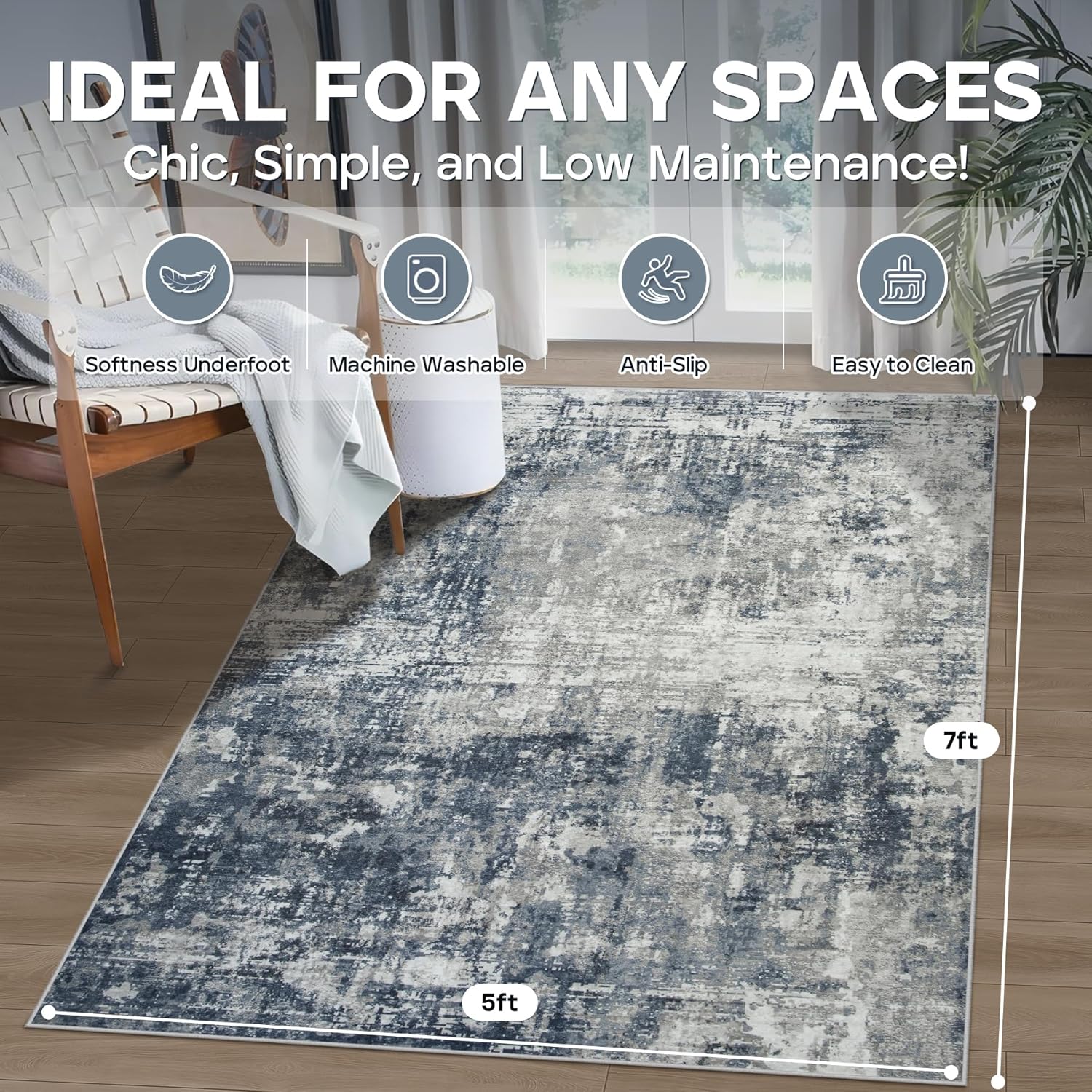 5x7 Area Rugs for Living Room Rug Washable: Modern Rug for Dining Room Bedroom Carpet Non Slip Low Pile 5 by 7 Indoor Abstract Nursery Home Office Blue Grey Blue/Grey 5' x 7' (Rectangular)