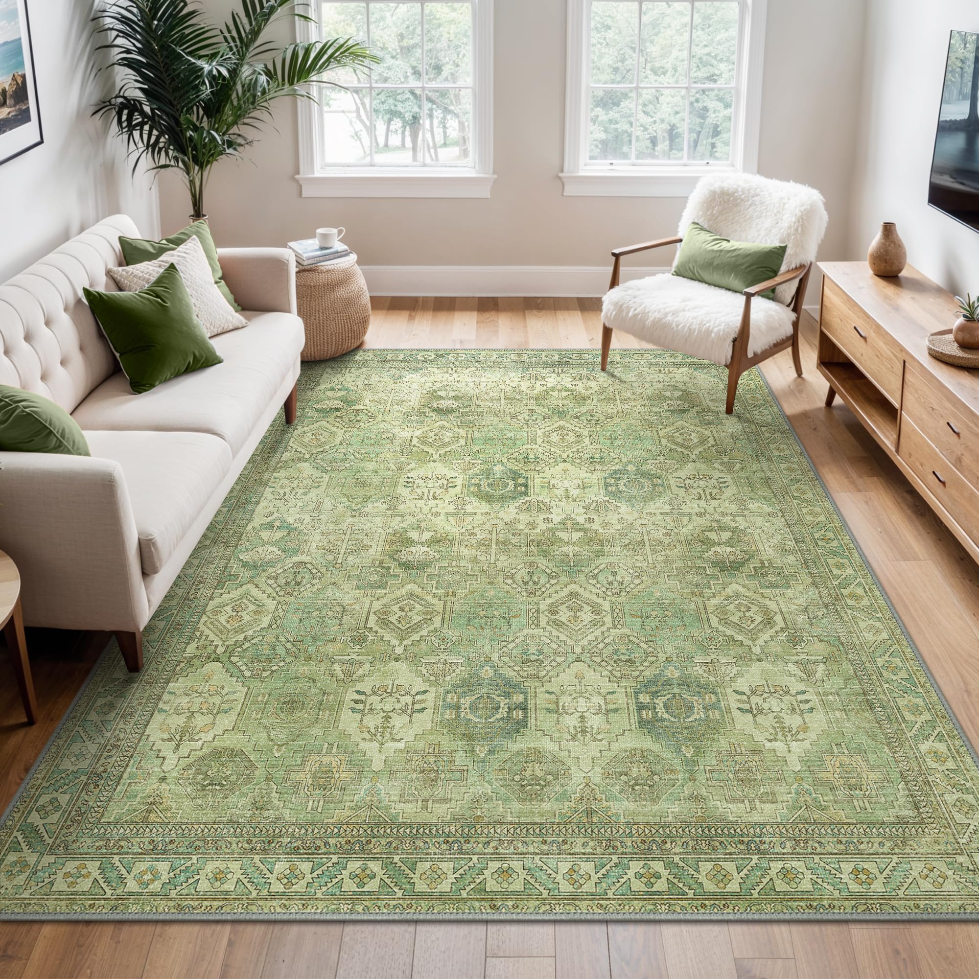 BEIMO Tappeto Salotto Vintage, Tappeti Ingresso Interno, Tappeto Antiscivolo Lavabile, Grandi Tappeti Persiano per Cucina, Camera Da Letto, Ufficio, Bambù Verde, 200x290cm