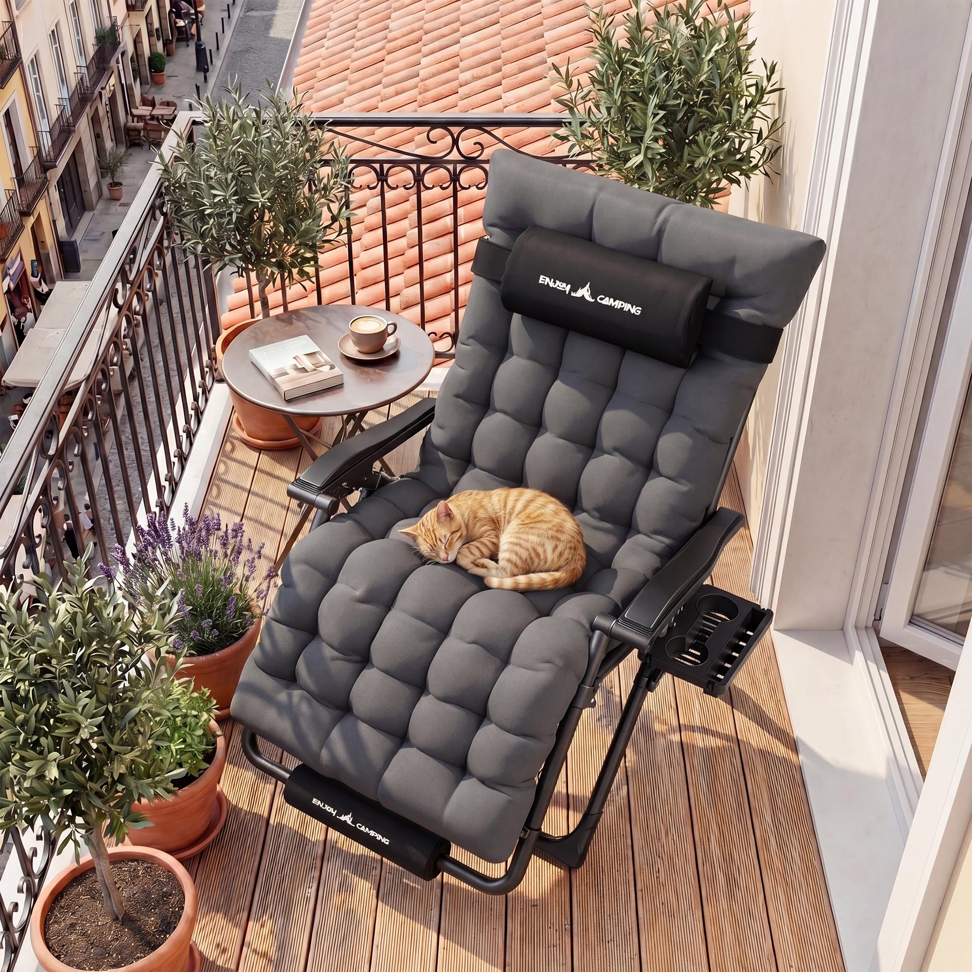 UDPATIO Sonnenliege Liegestuhl Klappbar Mit Getränkehalter Gartenliege Mit Auflage Polster, 78cm Extra Breiter Gartenstuhl, Verstellbar Rückenlehne mit Kissen-Unterstützung Anthrazit
