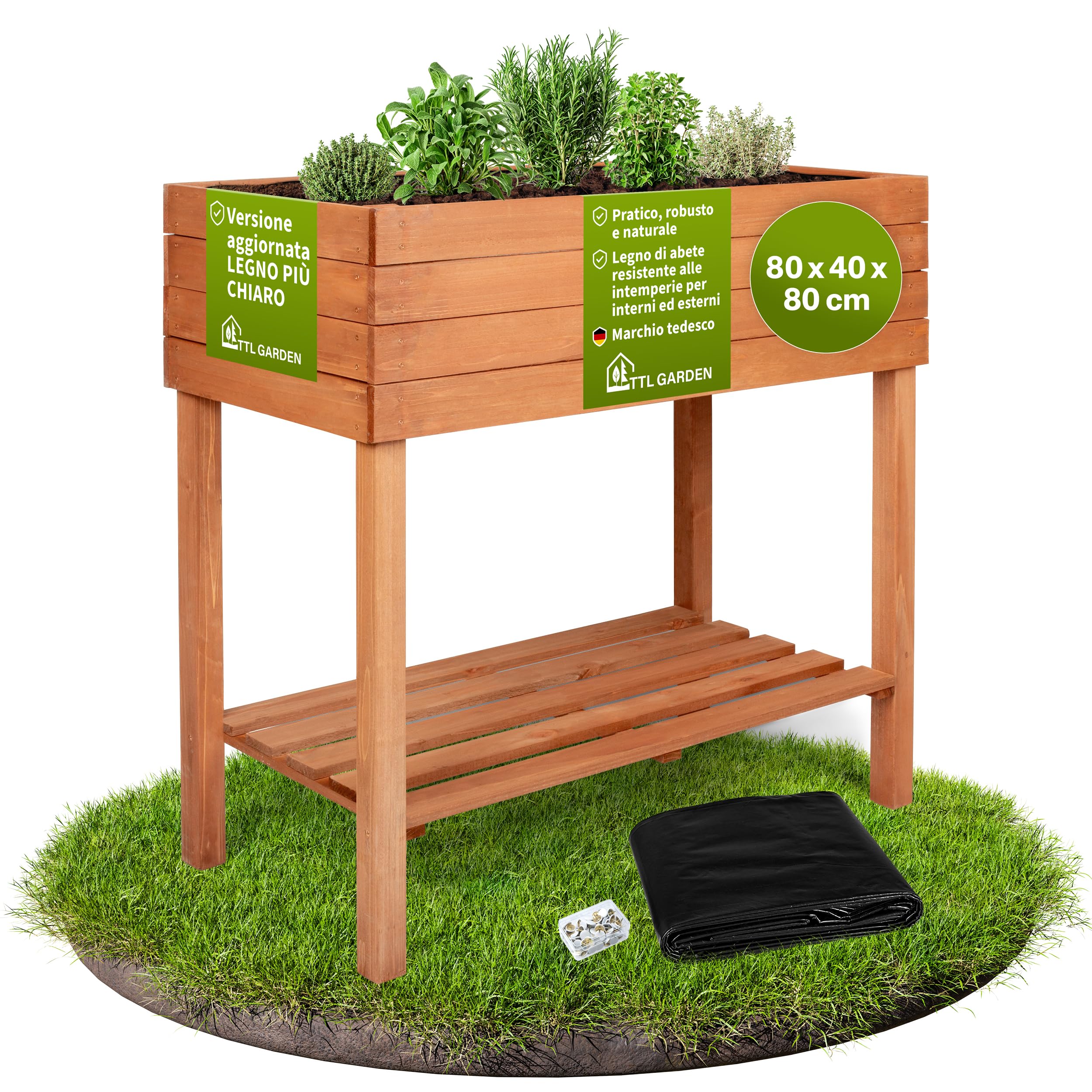 TTL GARDEN Fioriera rialzata da balcone, M, 80 x 40 x 80 cm, in legno, con ripiano e pellicola, in legno di abete resistente alle intemperie, aiuola per piante, aiuola per giardino, balcone, terrazza,
