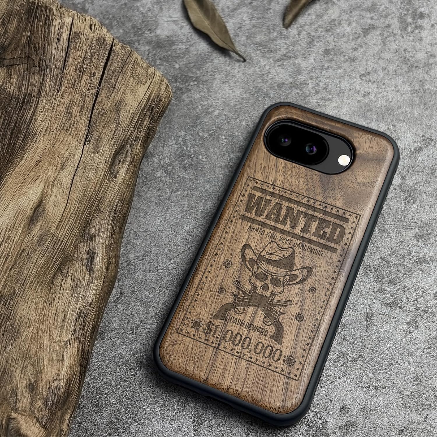 Carveit Magnetic Wooden Case for Google Pixel 10a Case, Wood Artisan Engraved & Soft TPU Shockproof Cover, Compatible with MagSafe Wireless Chargers (Outlaw Skull Wanted) Walnut