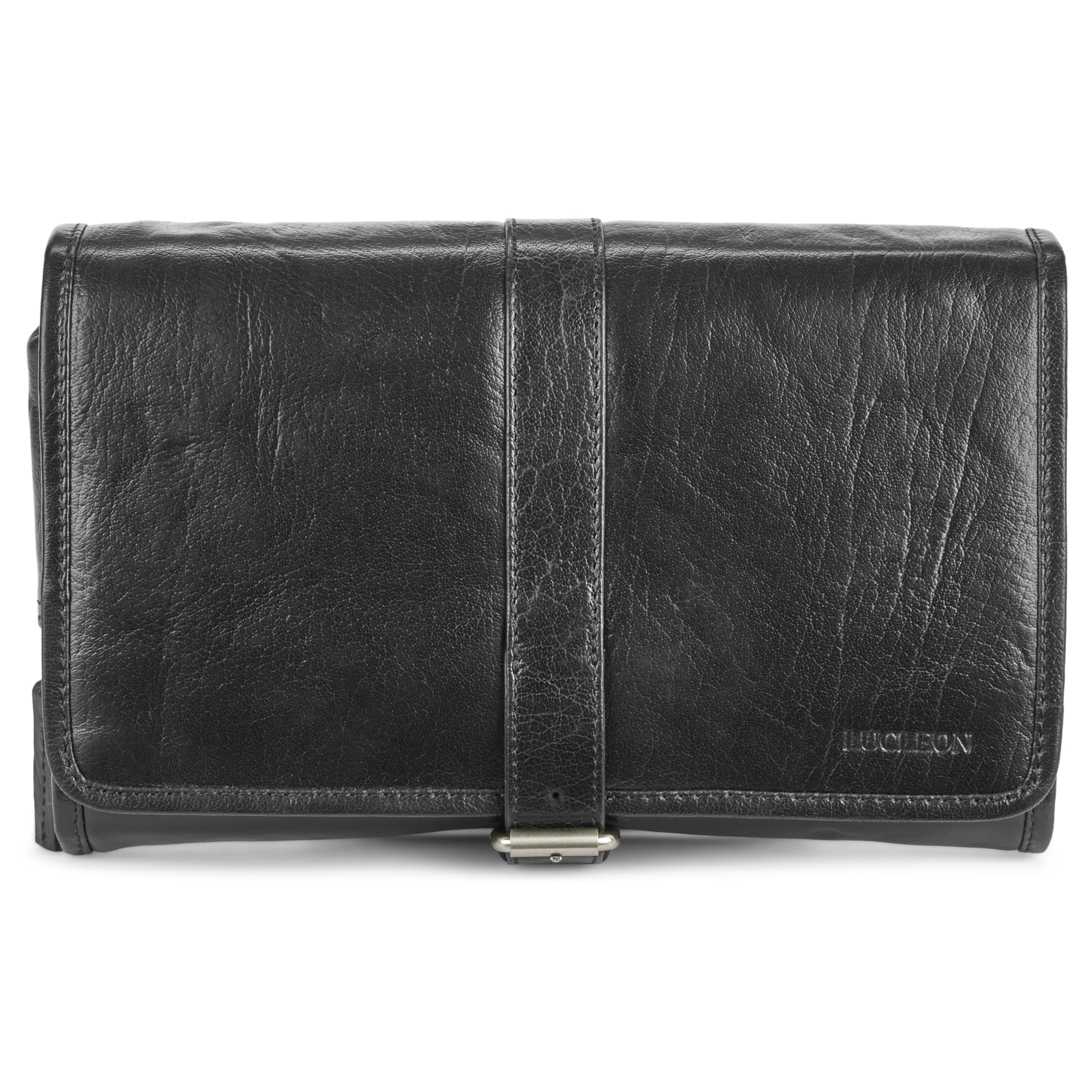 Lucleon by Trendhim - Neceser colgante de piel para hombre, espacioso neceser de piel auténtica con acabado de anilina y forro de algodón, gancho para colgar, elegante diseño danés para viajes, Black