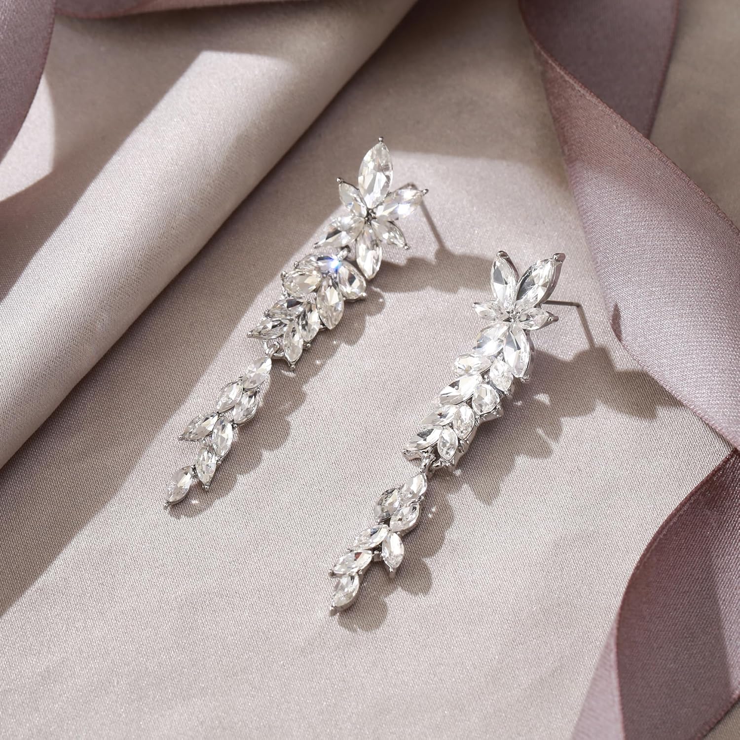 EVER FAITH Marquise Crystal Bridal Earring for Bride Bridesmaid, Elegant Rhinestone Chandelier Flower Wedding Prom Dangle Earrings for Women - Image 4