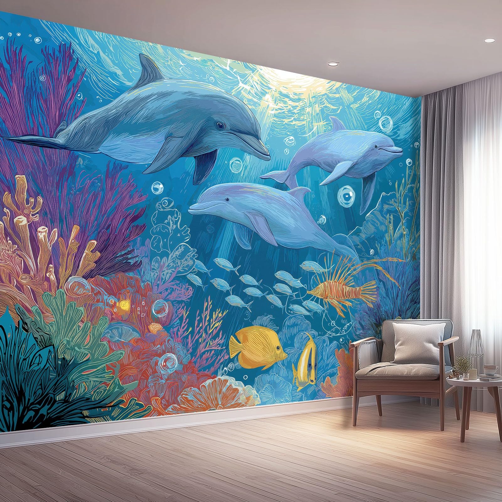 Papier peint dauphins récifs coralliens pour créer un cocon aquatique multicolore