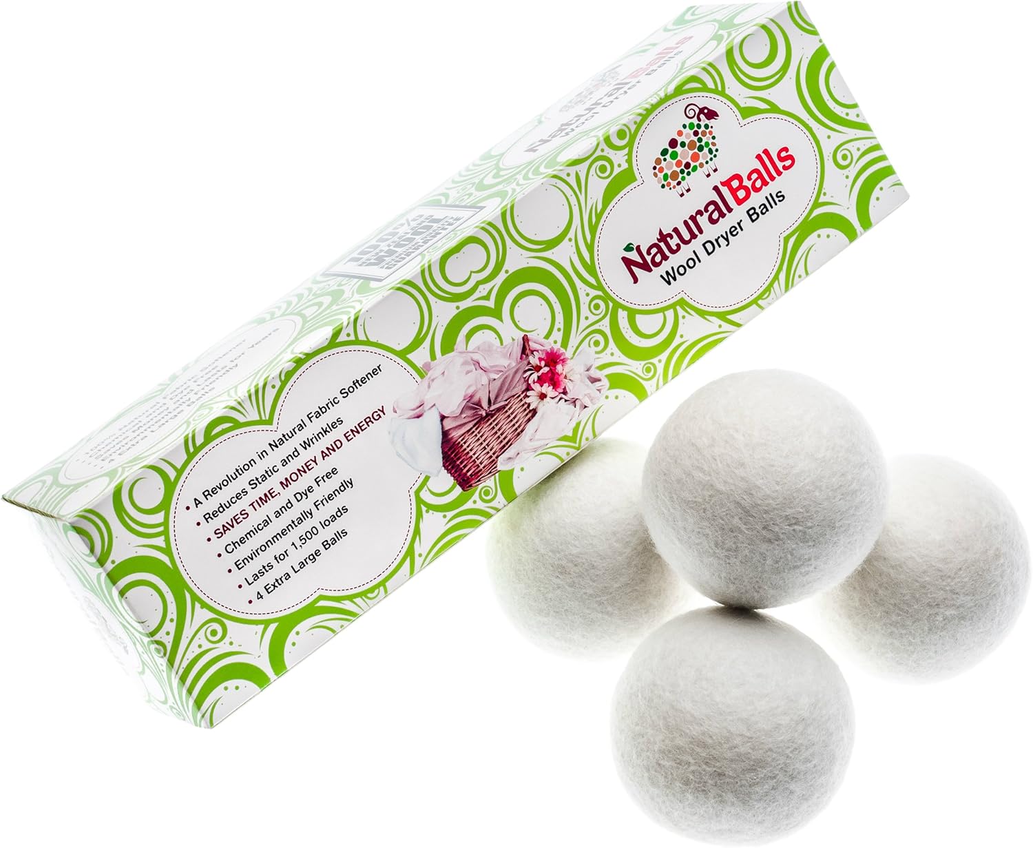 Wool Dryer Balls by Natural Balls 4Pack ExtraLarge. 100