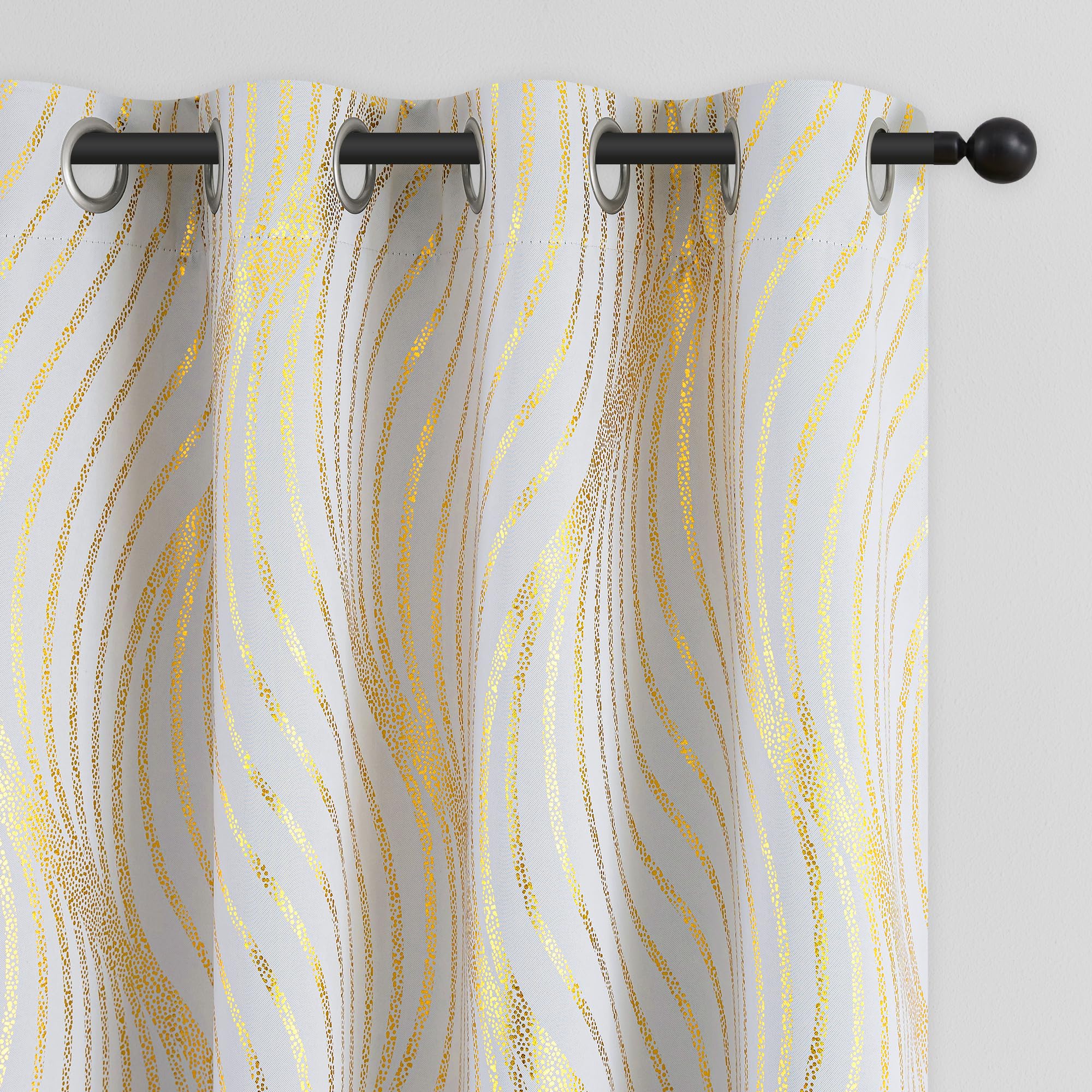 Xwincel 100% Blackout Curtains for Bedroom, White Gold Wave Line Dot Patterned Curtains 96 Inches Long, Metallic Gold Drapes Living Room Darkening