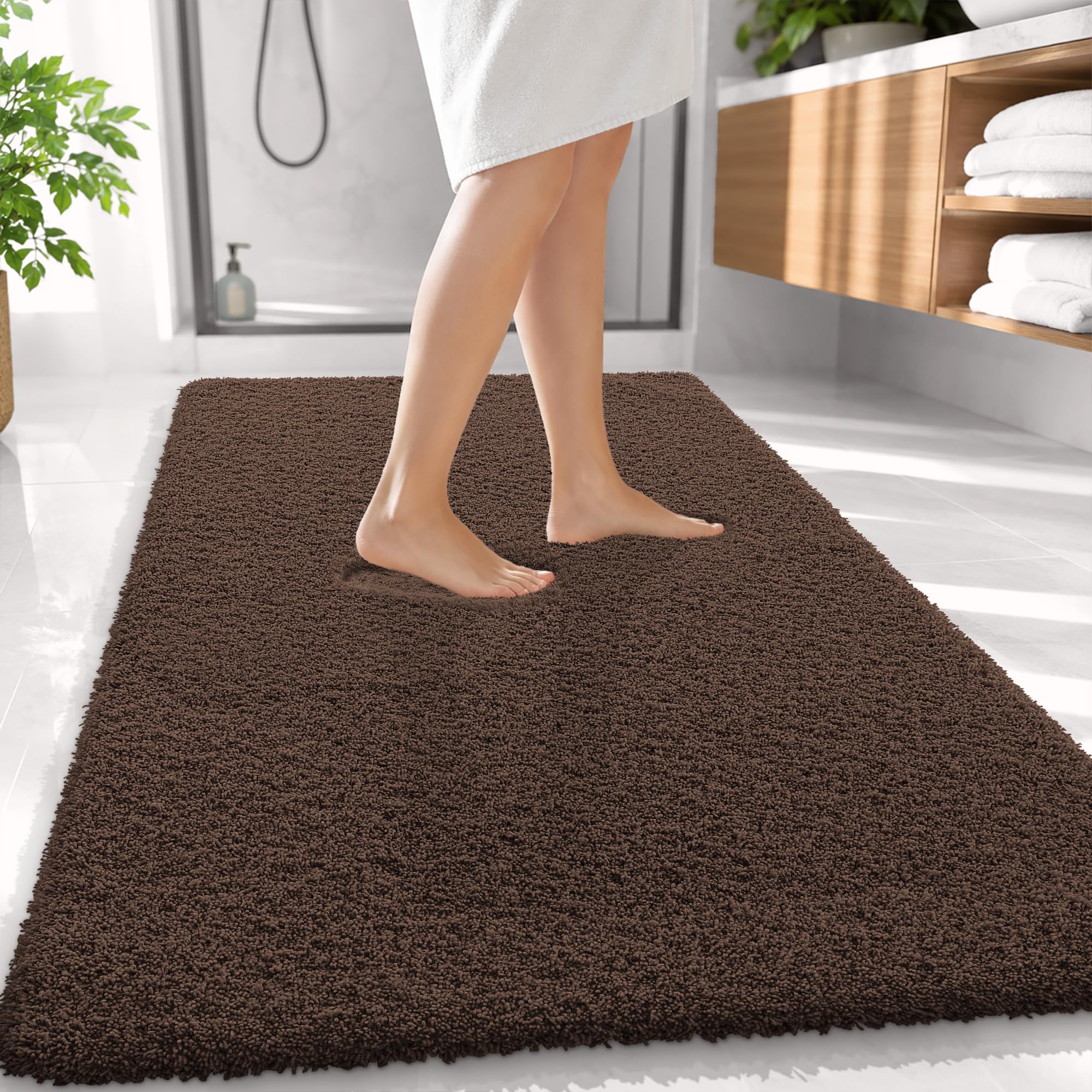 OLANLY Microfiber Large Bathroom Rugs 59x35, Soft Absorbent Bath Mat, Brown