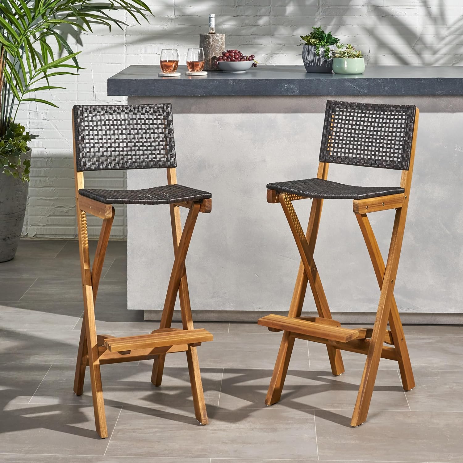 Great Deal Furniture Constance Outdoor Folding Acacia Wood Barstools (Set of 2), Teak and Brown