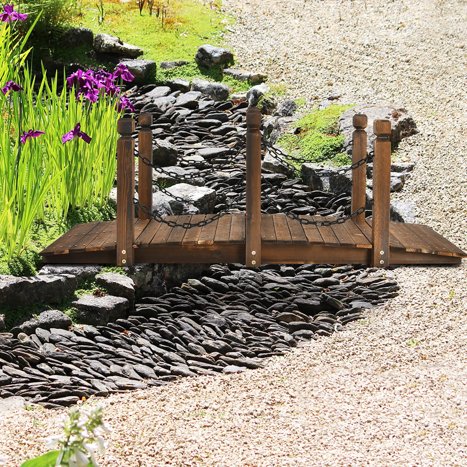 GOPLUS Puente de madera de abeto, 150 x 67 cm x 55 cm, puente para estanque soporta hasta 180 kg, puente de jardín con barandillas y cadenas, puente para jardín, parque, patio trasero