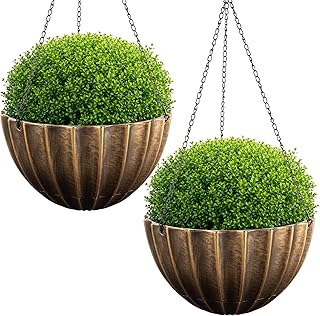 Hanging Planter 2-Pack - 10.25-Inch Durable Plastic Hanging Planters for Indoor Plants or Outdoor Porch Decor with 3 Drainage Holes and Removable Bottom Reservoir by Pure Garden (Bronze)