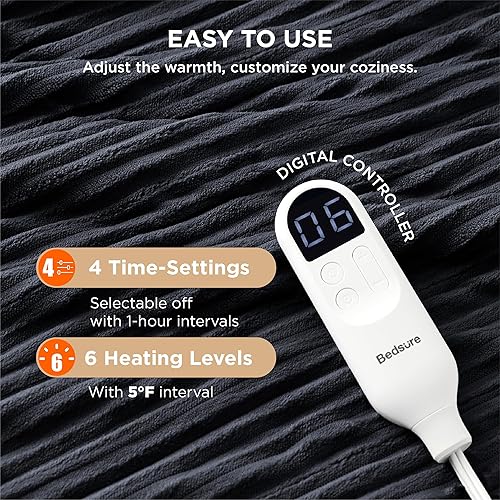 Vista 85 de Bedsure Manta eléctrica individual – Manta térmica de franela suave acanalada, manta térmica con 10 ajustes de tiempo, 6 ajustes de calor
