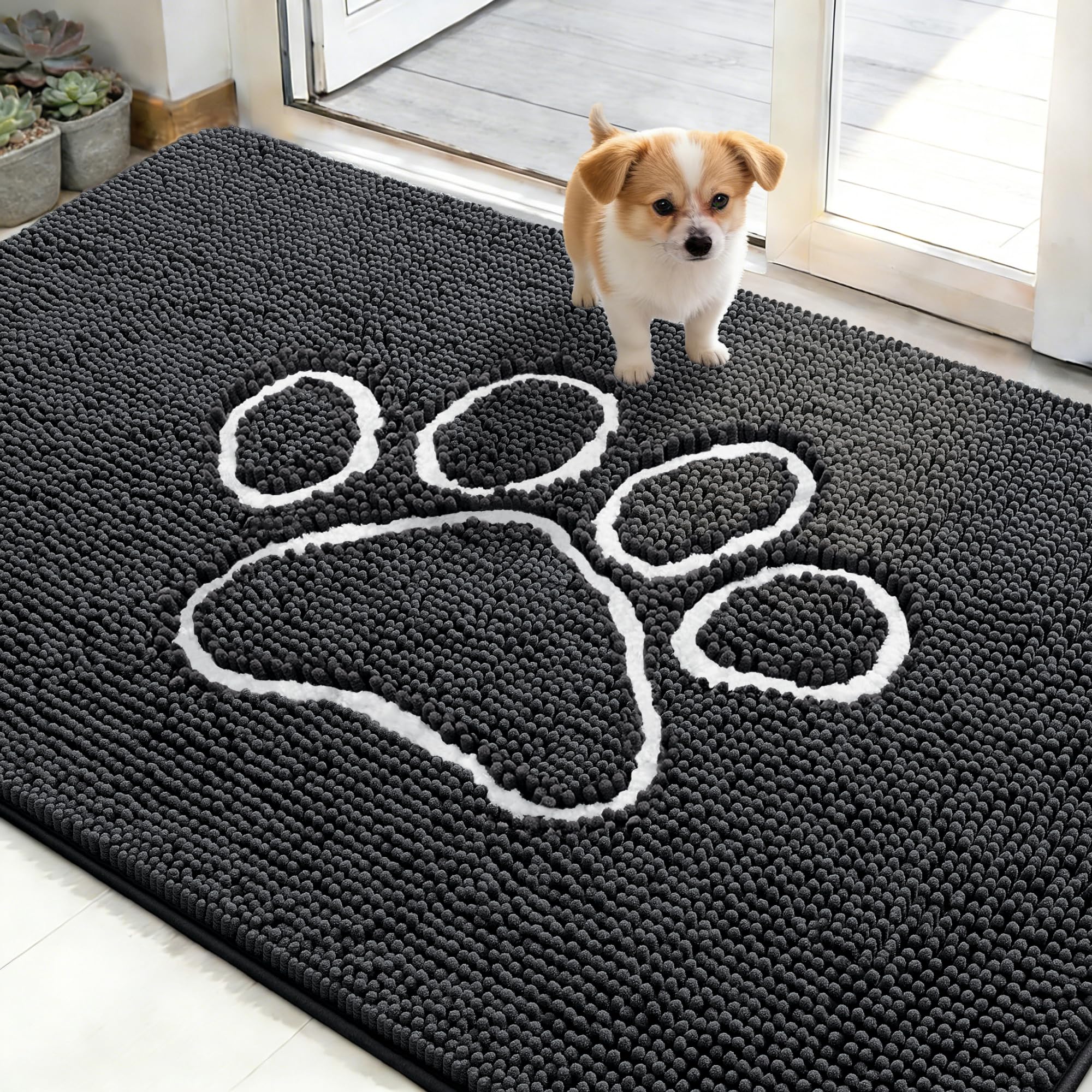 OLANLY Dog Door Mat for Muddy Paws 48x30, Paw Print Design Chenille Mud Mat