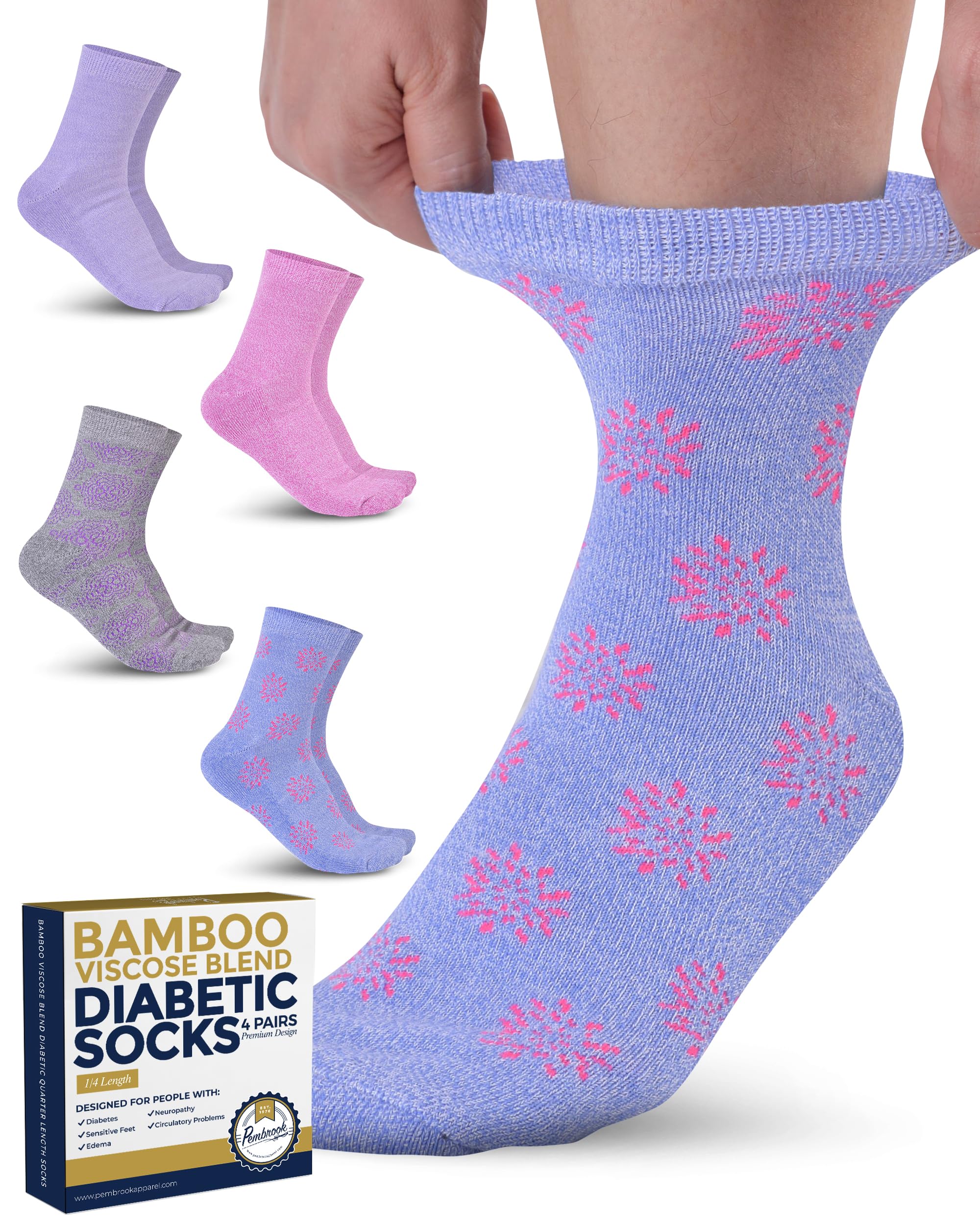 PembrookPembrook Ankle Diabetic Socks for Women & Men - 4 Pairs Sun Pack (Pink, Gray, Purple, Blue), Moisture-Wicking, Wide Top, Quarter Non Binding SocksOEKO-TEX STANDARD 100