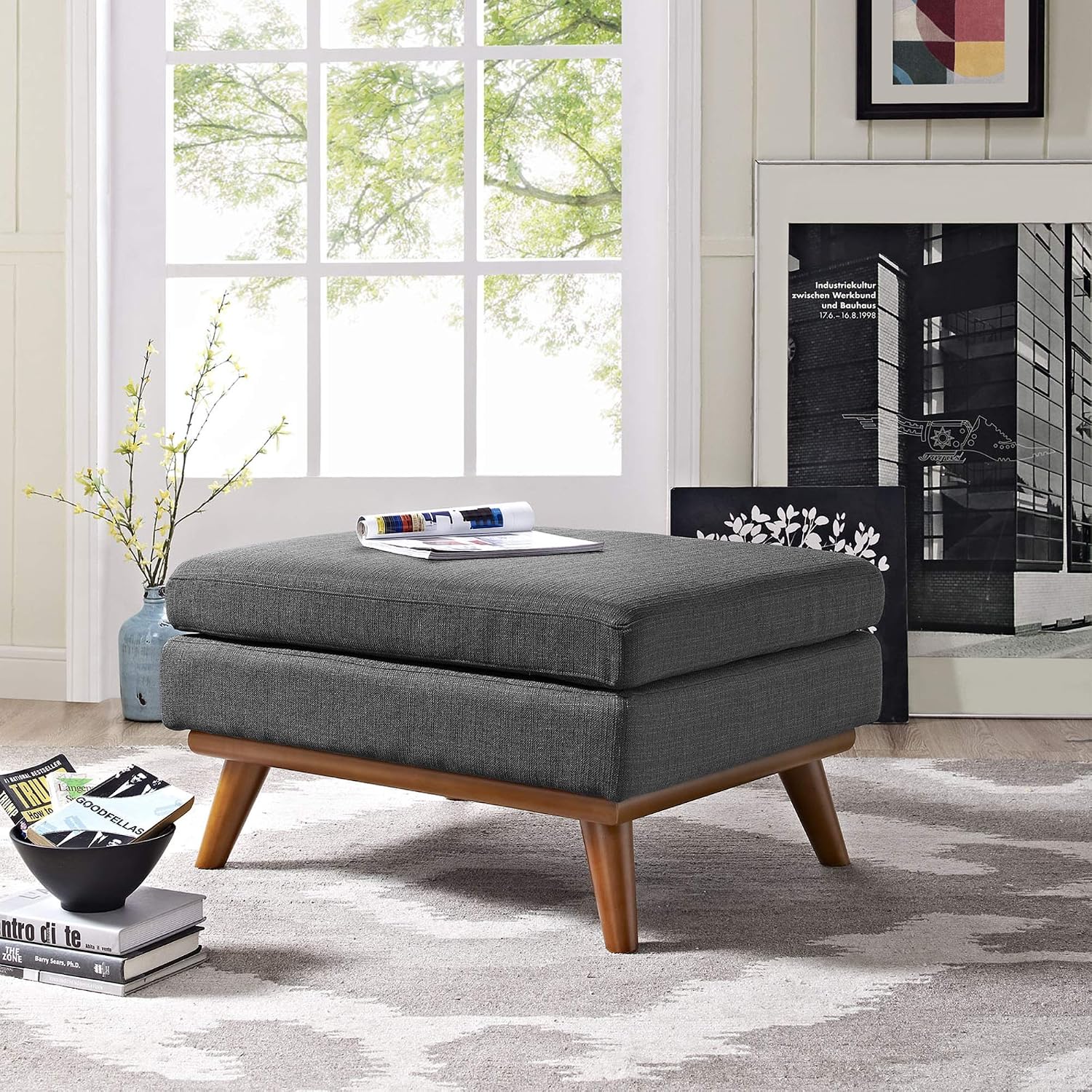 Ergode Engage Ottoman | Plush Cushion | Sturdy Rubberwood Frame | Ideal for Lounging, Coffee Time, and Conversations | Enhance Your Home | Gray