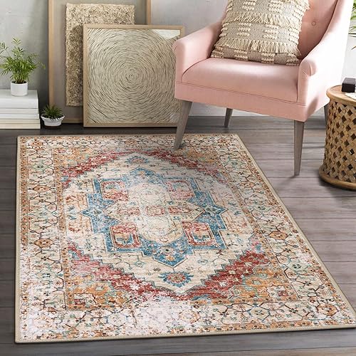 Lanffia Vintage Medallion Area Rug 3x5 Oriental Distressed Bedroom Rug Entry Throw Rug with Non-Slip Backing Washable Low-Pile Floor Carpet for Bathroom Entrance Living Laundry Room,Yellow/Multi