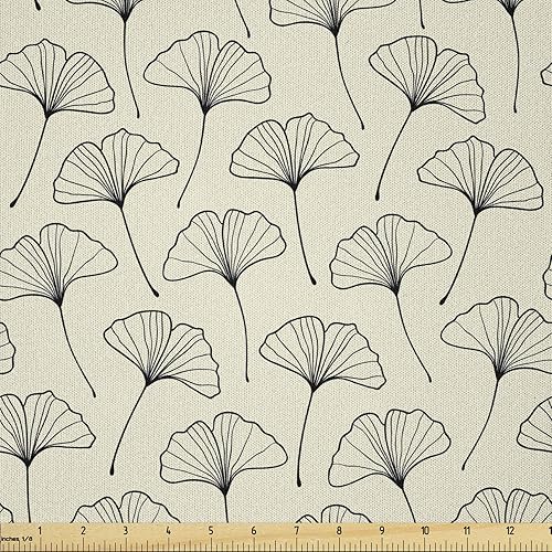 Lunarable Sketch Fabric by The Yard, Outline of Ginkgo Leaves Feminine Gentle Nature Themed Doodle China Foliage, Microfiber Fabric for Arts and