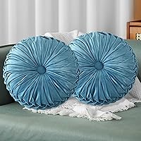 HIG Set of 2 Dusty Blue Ruched Velvet Round Throw Pillows 14.5" - Handmade Decorative Cushions for Couch, Bed, Living Room, Dorm
