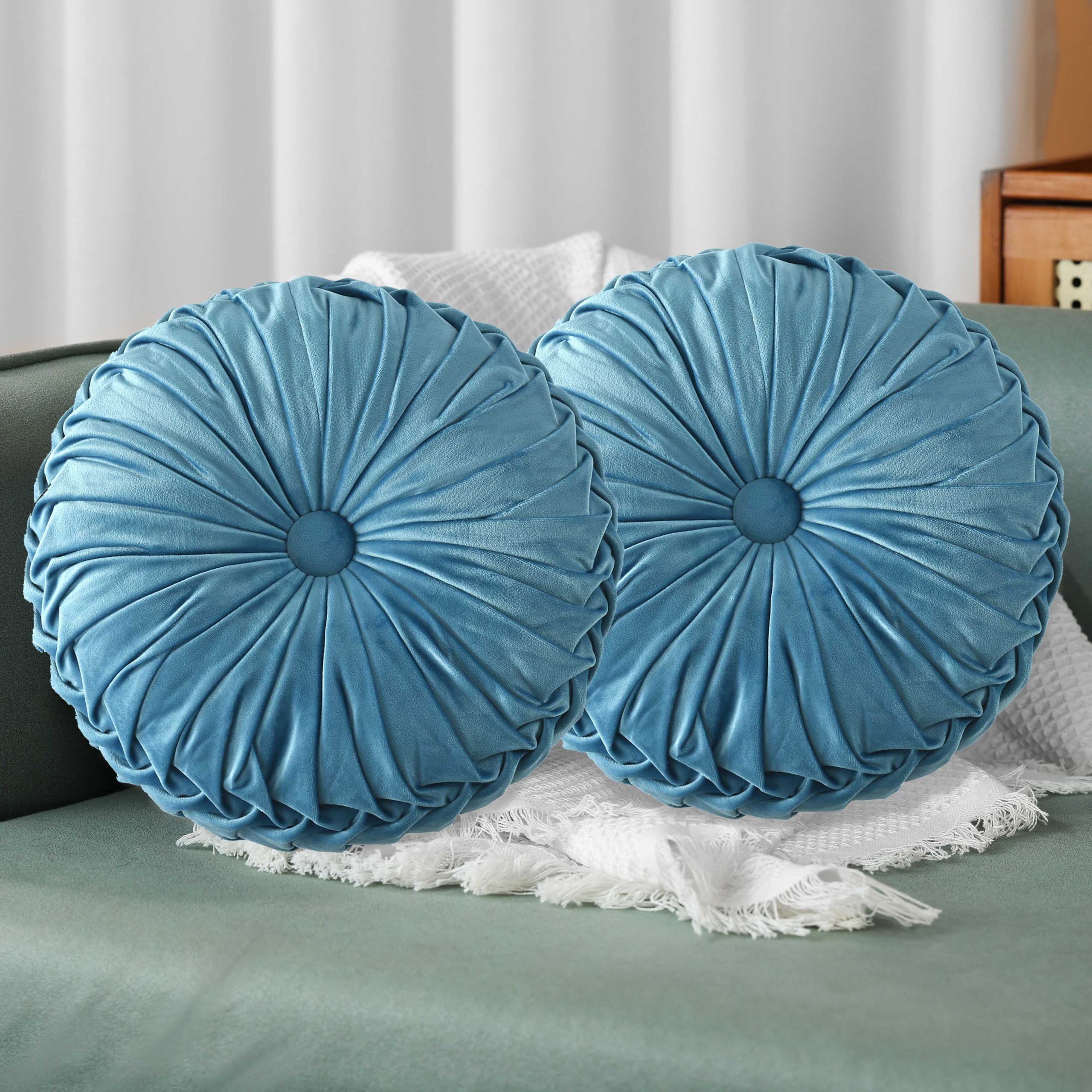 HIG Set of 2 Dusty Blue Velvet Decorative Round Pleated Throw Pillows