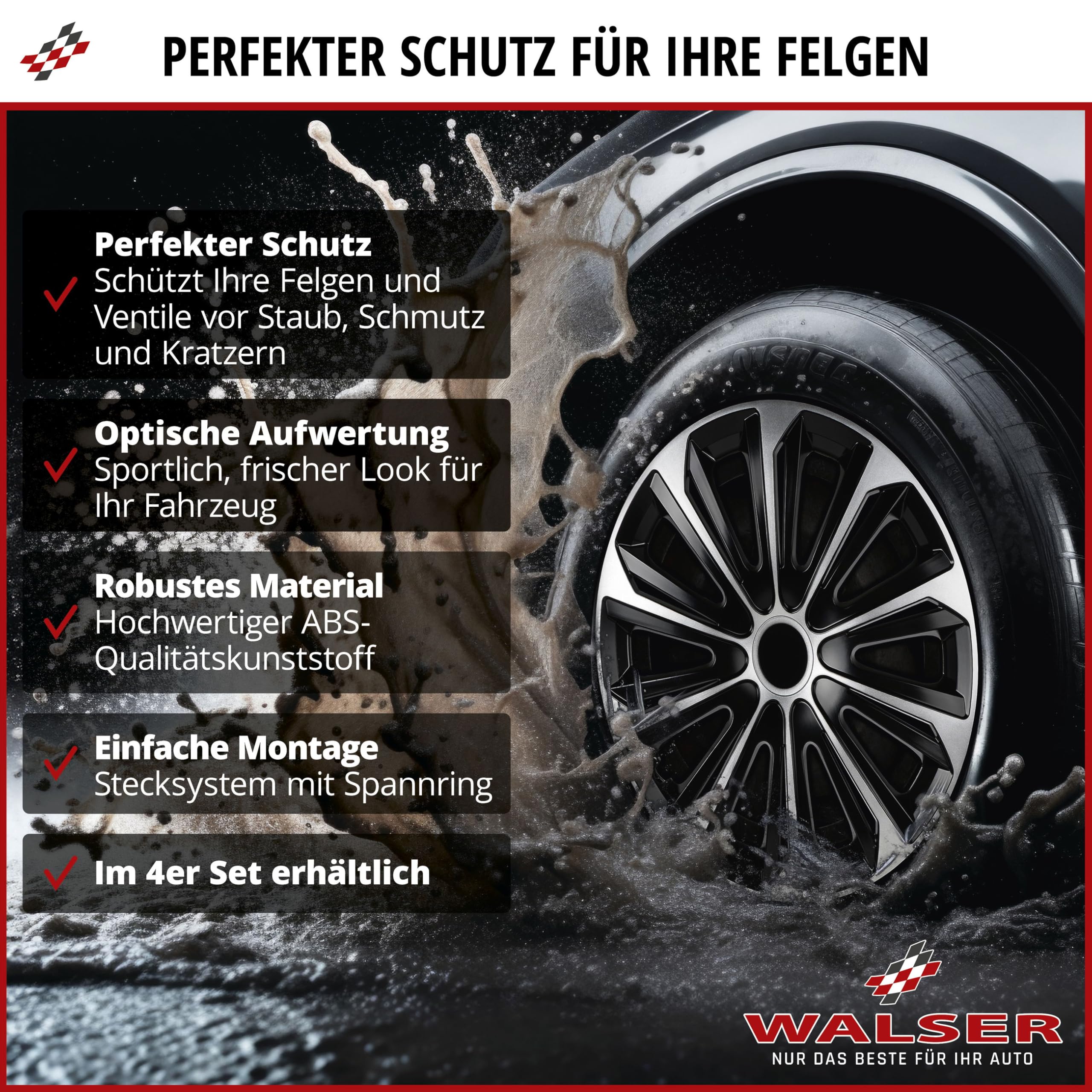 Walser Kołpaki premium Drifter, 4-częściowy zestaw kołpaków bardzo dobry*, kołpaki ozdobne 16 cali, kołpaki do felg aluminiowych, felg stalowych, srebrnych kołpaków ozdobnych – Made in Europe