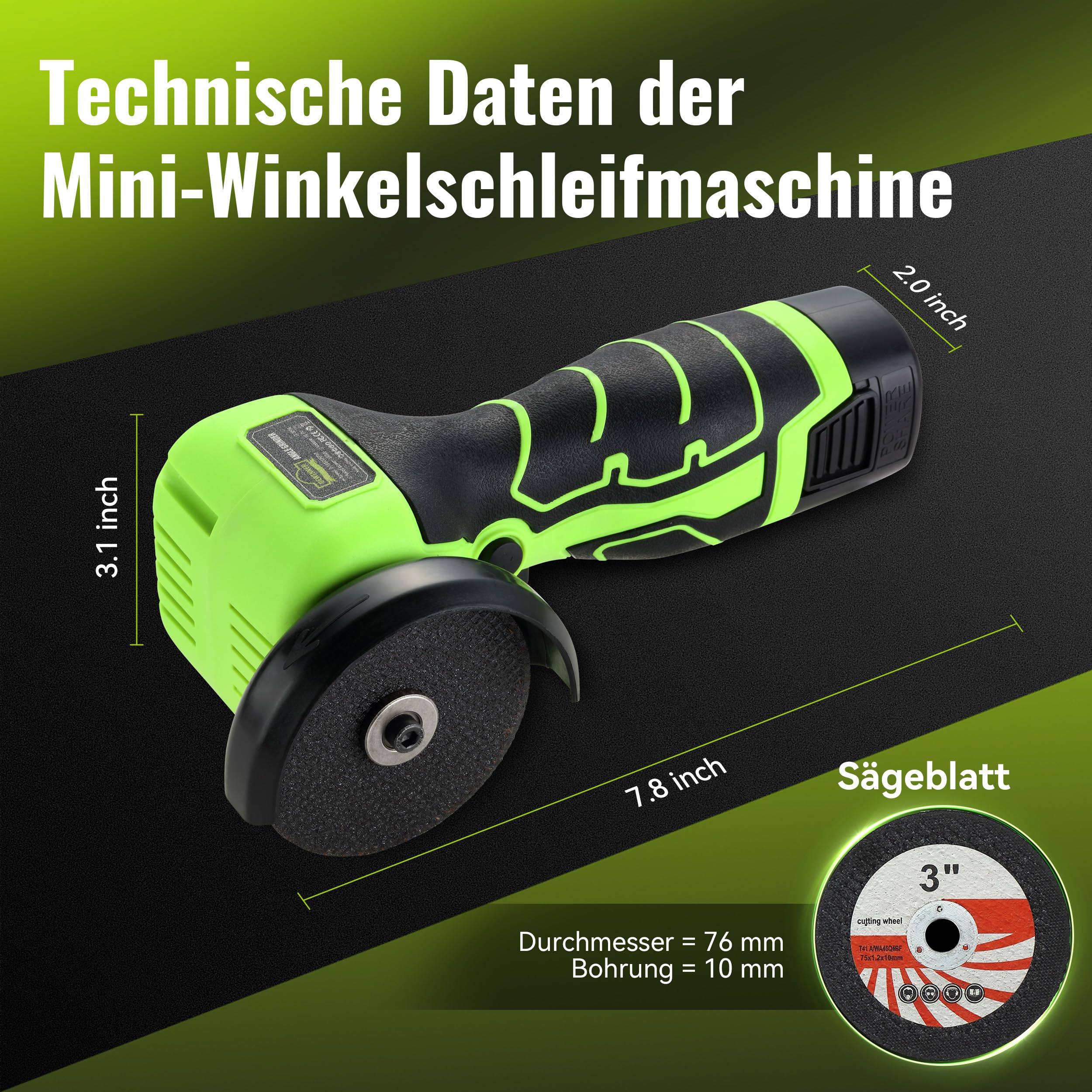 DEWINNER Akku-Winkelschleifer 19 500 U/min - 76mm Schleifscheibe, 2 Akkus 2000mAh, 6 Schneidscheiben und Tragetasche - Für Schleifen, Polieren, Schneiden