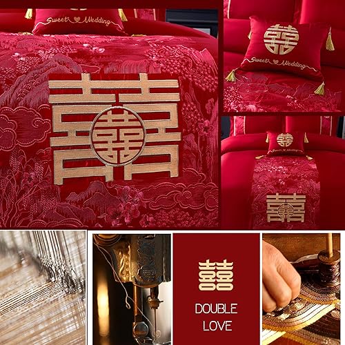 Miniatura 56 de Luxury Double Happiness Dragon and Phoenix Bird Embroidery Chinese Wedding Red Bedding Set King Queen Size 100% Cotton Embroider Red Wedding Duvet