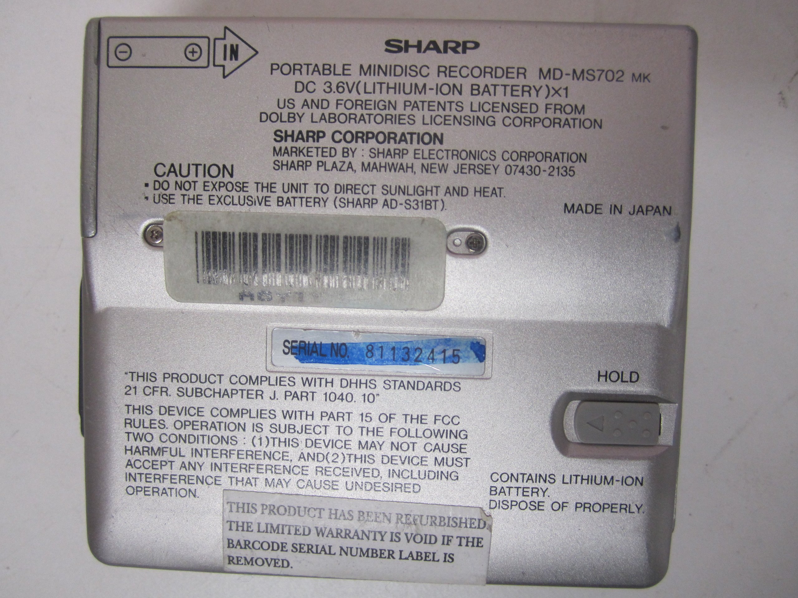 Sharp MDMS702 Personal Portable Recordable Minidisc Player