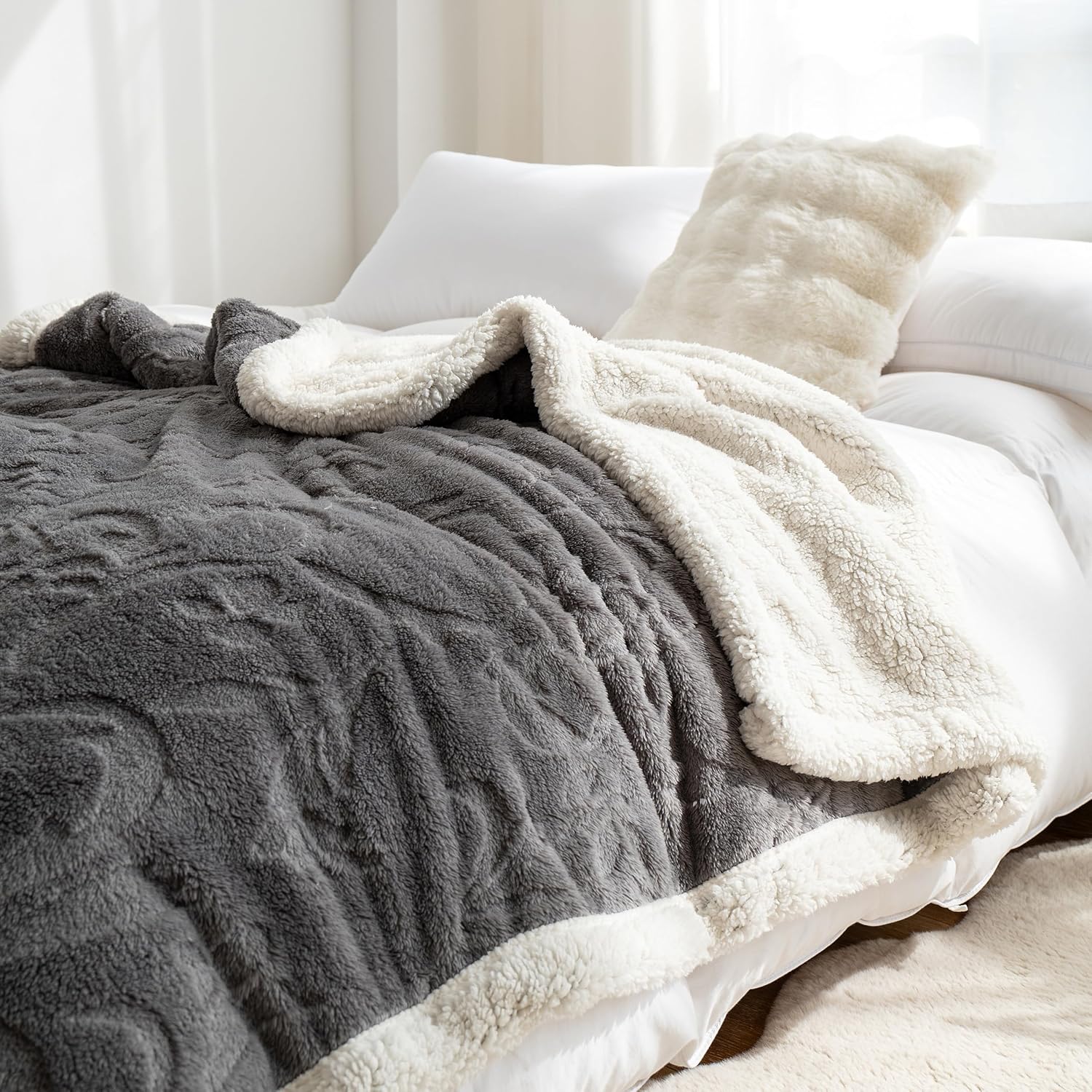 UKELER Sherpa Throw Blanket 60 × 80 inch- Cute Floral Design Soft Plush Fleece Blanket for Bed Couch Sofa Office Camping, Dark Grey - Image 2