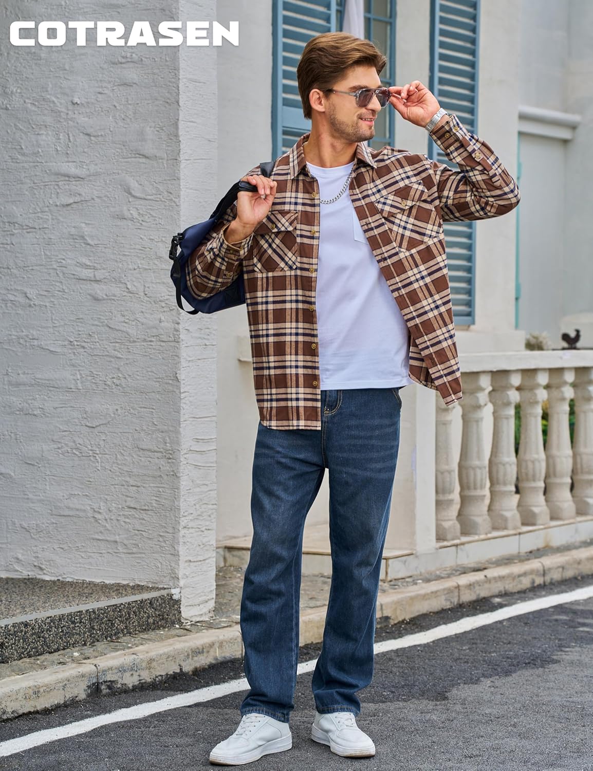 Cotrasen Mens Flannel Shirts Cotton Long Sleeve Plaid Shirts Button Down Casual Lightweight Shirts with 2 Pockets - Image 6