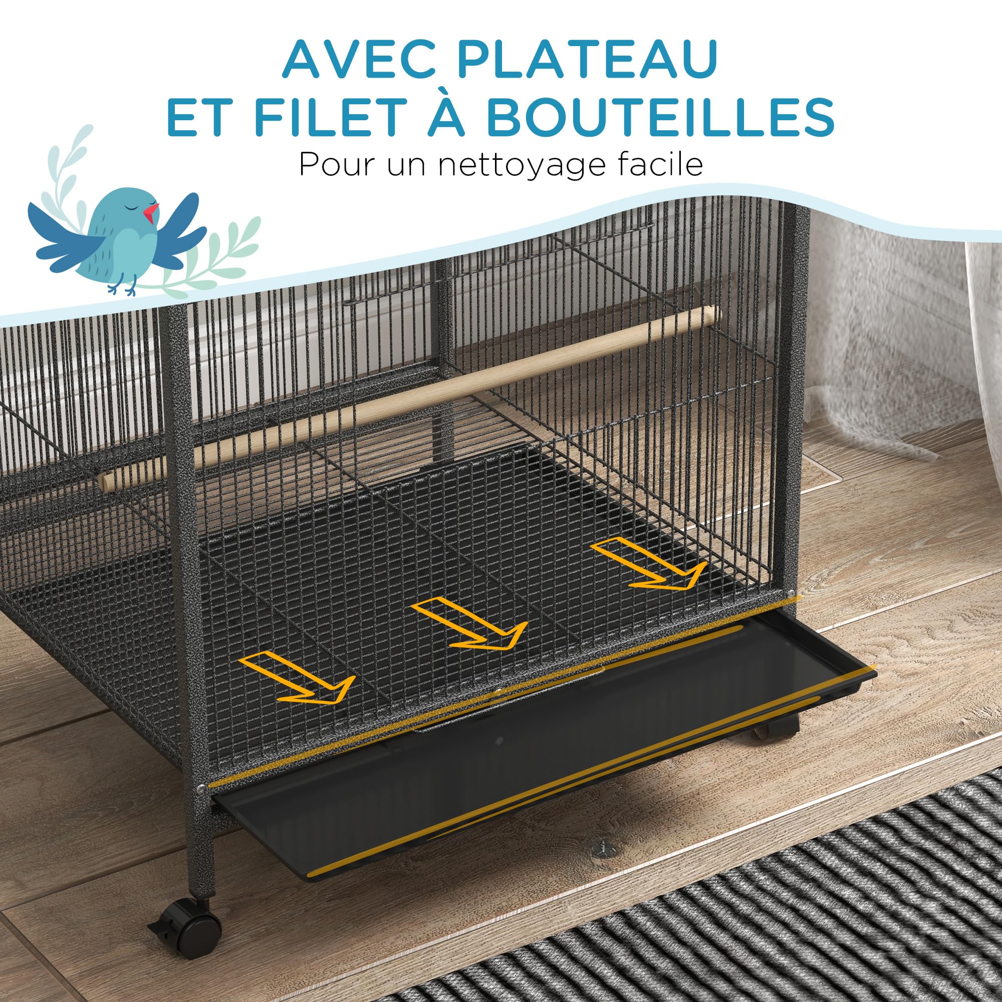 PawHut Cage à Oiseau sur Pied Cage sur roulettes avec balançoire, perchoirs, Portes, Bols et Plateau Coulissant, volière pour pinsons canaris inséparables, perruches 48 x 46 x 78 cm en Acier Noir