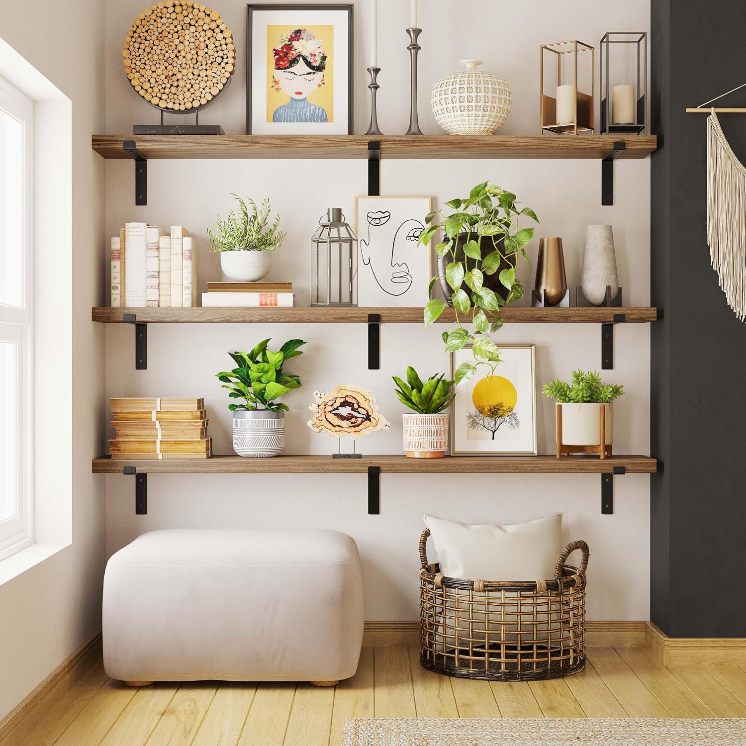 Wallniture Menton 72 inch Long, 9.25" Deep Floating Shelves for Wall Storage, Wall Bookshelf Living Room, Rustic Shelf for Kitchen, Burnt, Heavy Duty Brackets with 1.5" Thick Wood Boards
