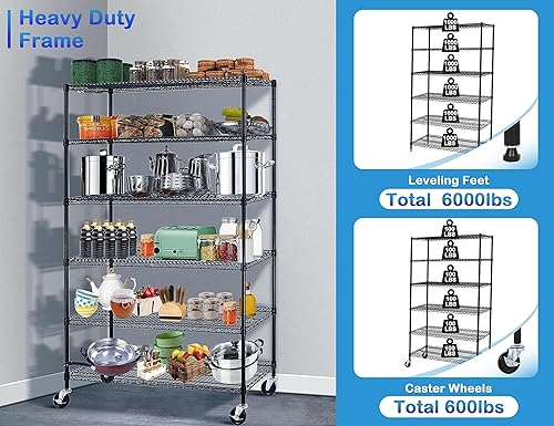 Miniatura 4 de Estantería metálica de 6000 libras de capacidad, estantes ajustables de 6 niveles para almacenamiento, estante de alambre de grado comercial