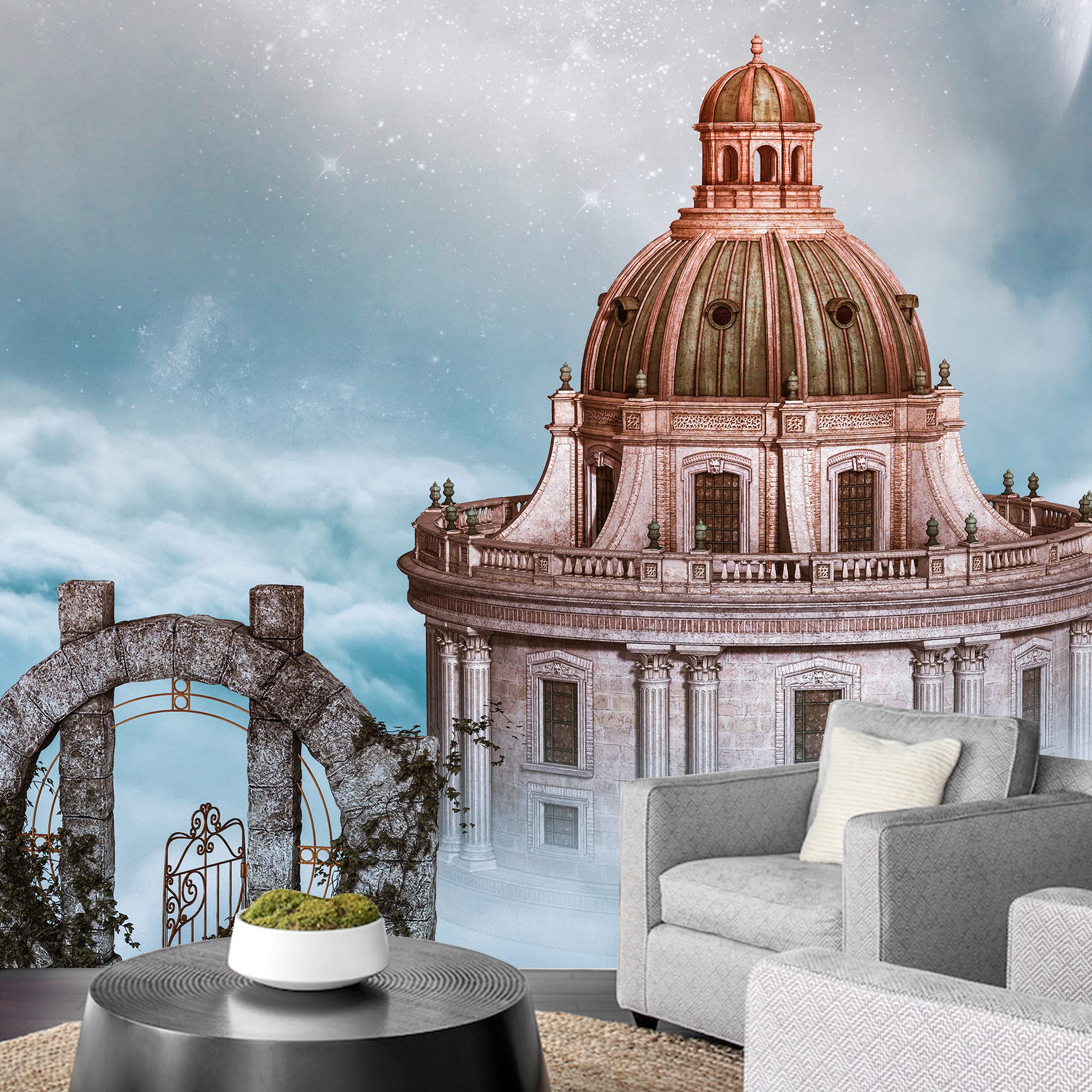 IDEA4WALL Adhesivo de pared removible con castillo místico en cielo azul nublado, fantasía y ciencia ficción, arte digital, arte moderno, paisaje decorativo para sala de estar, dormitorio, oficina