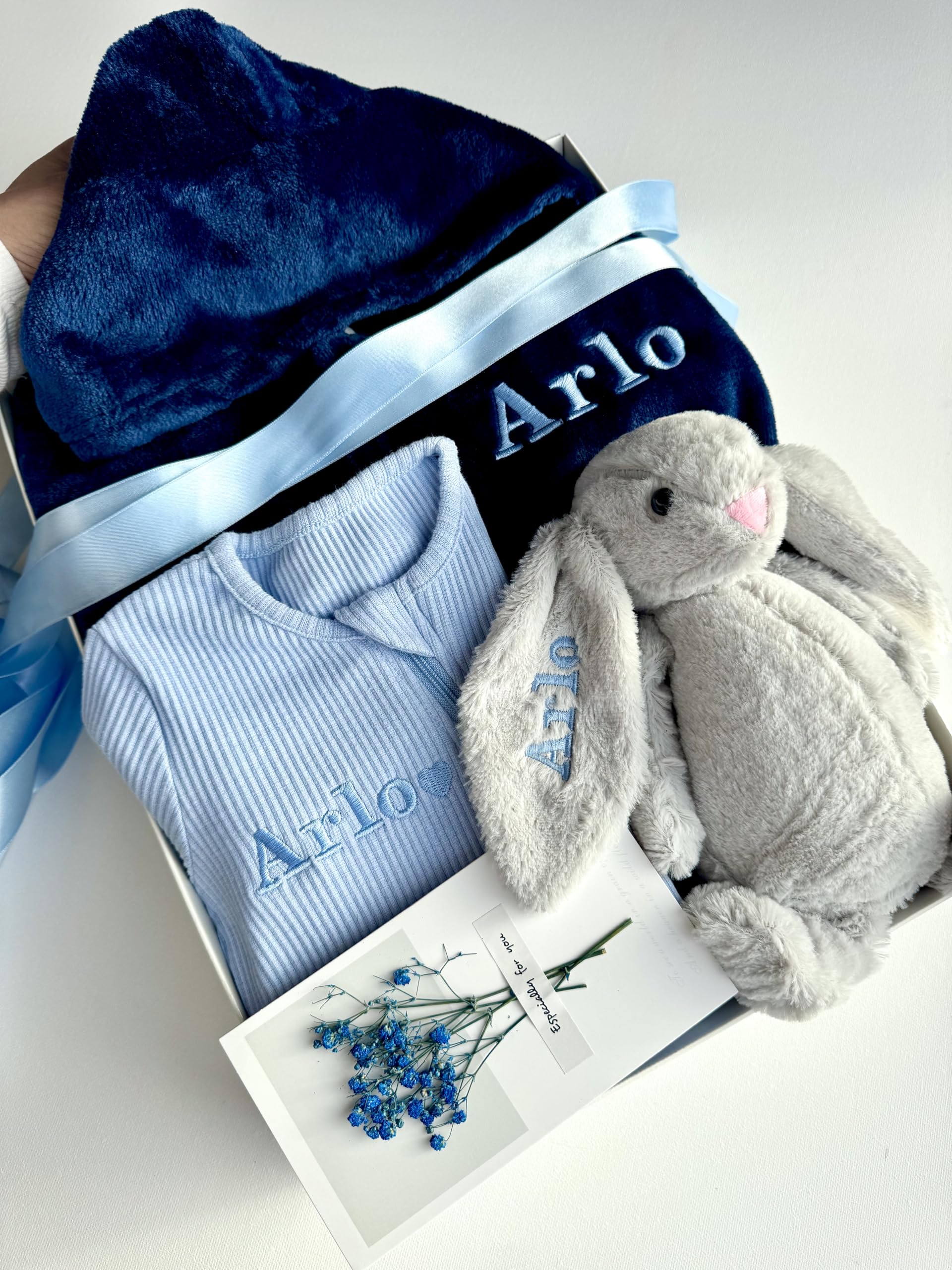 Personalised Baby Gift Set with Box or Without for Baby Boy or Baby Girl, Perfect for Baby Shower Gifts & Christenings with Gift Message Card Ready to Gift (Option 8, 0-3 Months)