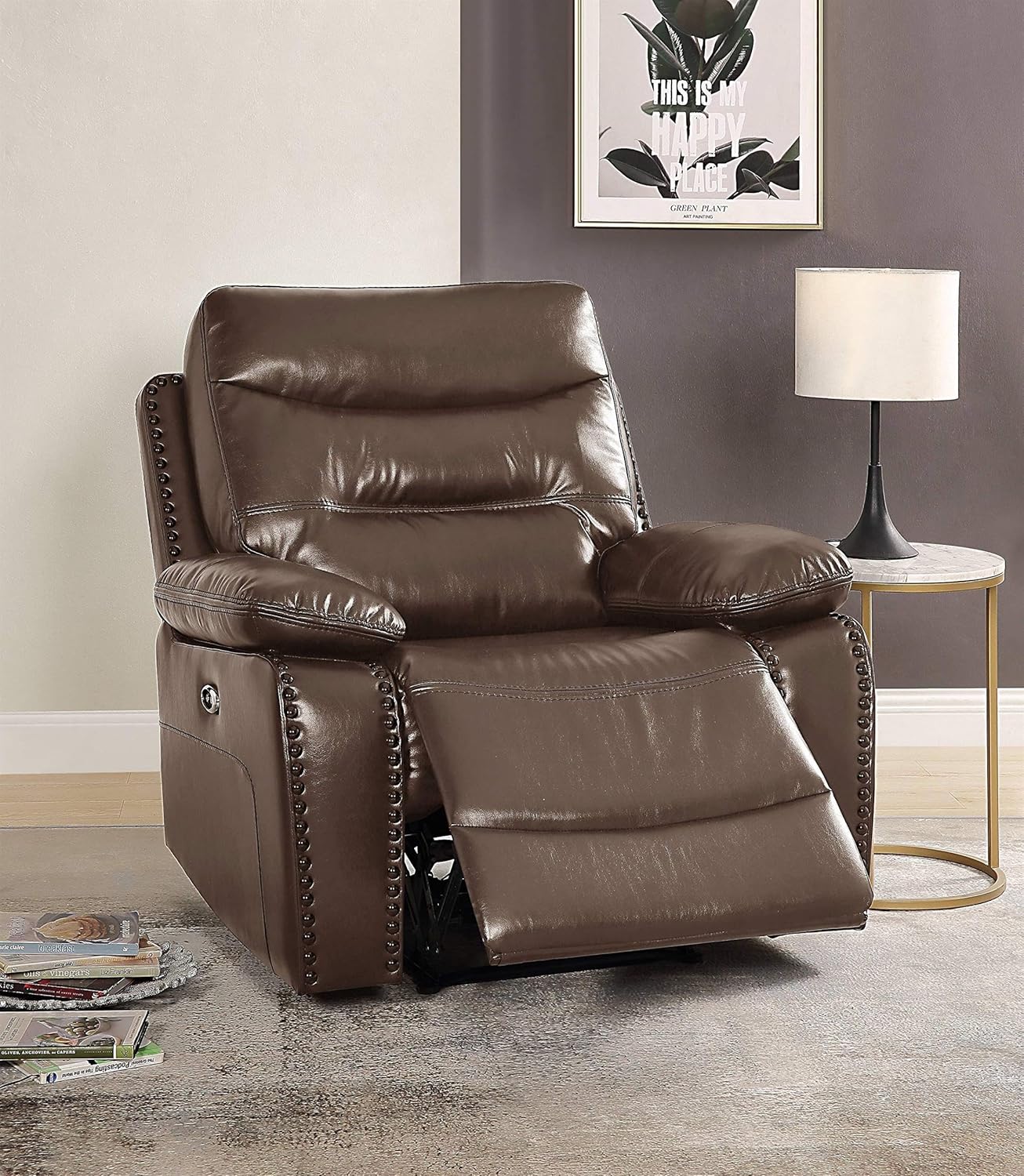 BOWERY HILL Contemporary Leather-Gel Match Power Motion Recliner, 42" W x 38" D x 41" H, Brown Finish, Horizontal Tufted Back, Pillow Top Armrests, Comfortable Living Room Seating