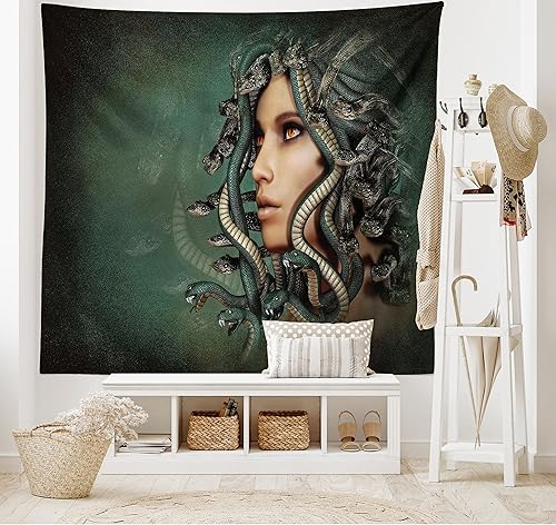 Miniatura 2 de Ambesonne Tapiz mitológico, mujer con serpientes en la cabeza, estilo oculto, para colgar en la pared ancha para dormitorio, sala de estar,