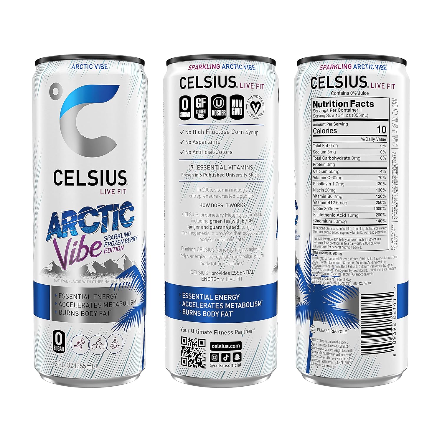 CELSIUS Arctic Vibe Sparkling Frozen Berry, Functional Essential Energy Drink 12 Fl Oz (Pack of 12) : Grocery & Gourmet Food