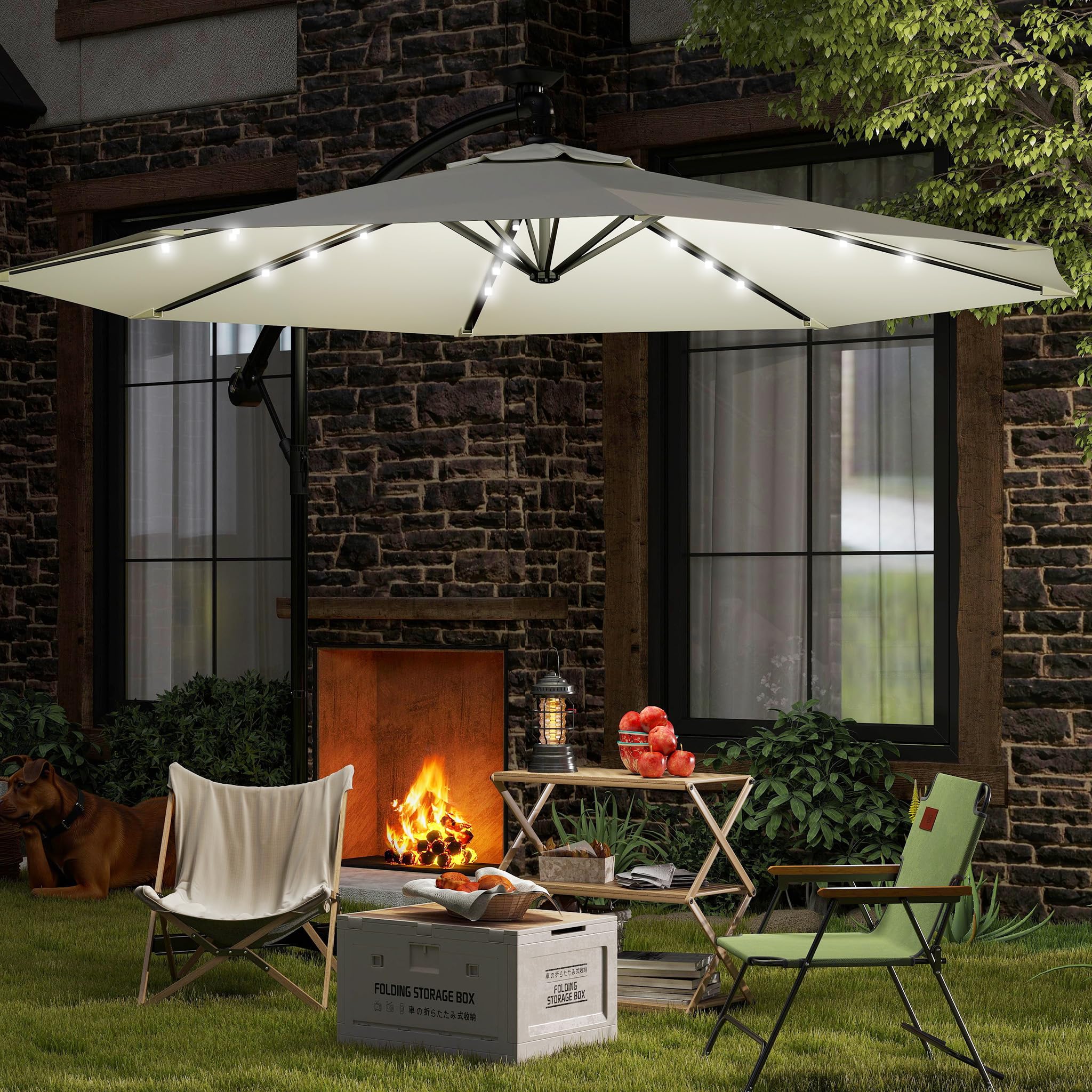 Aufun Ombrelloni in alluminio 300 cm con protezione solare a LED bianchi protezione UV 40+ - ombrellone balcone ombrellone da giardino regolabile in altezza (beige con LED solare)