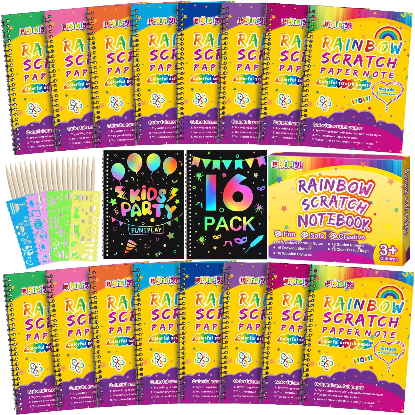 pigipigi Scratch Paper Art 16 Pack - Rainbow Scratch Note Book Magic Coloring Art Craft Paper Supply for Kids Age 3 4 5 6 7 8 9 10 Drawing Art Book Birthday Party Favor Sets Fun Toy Gift Idea