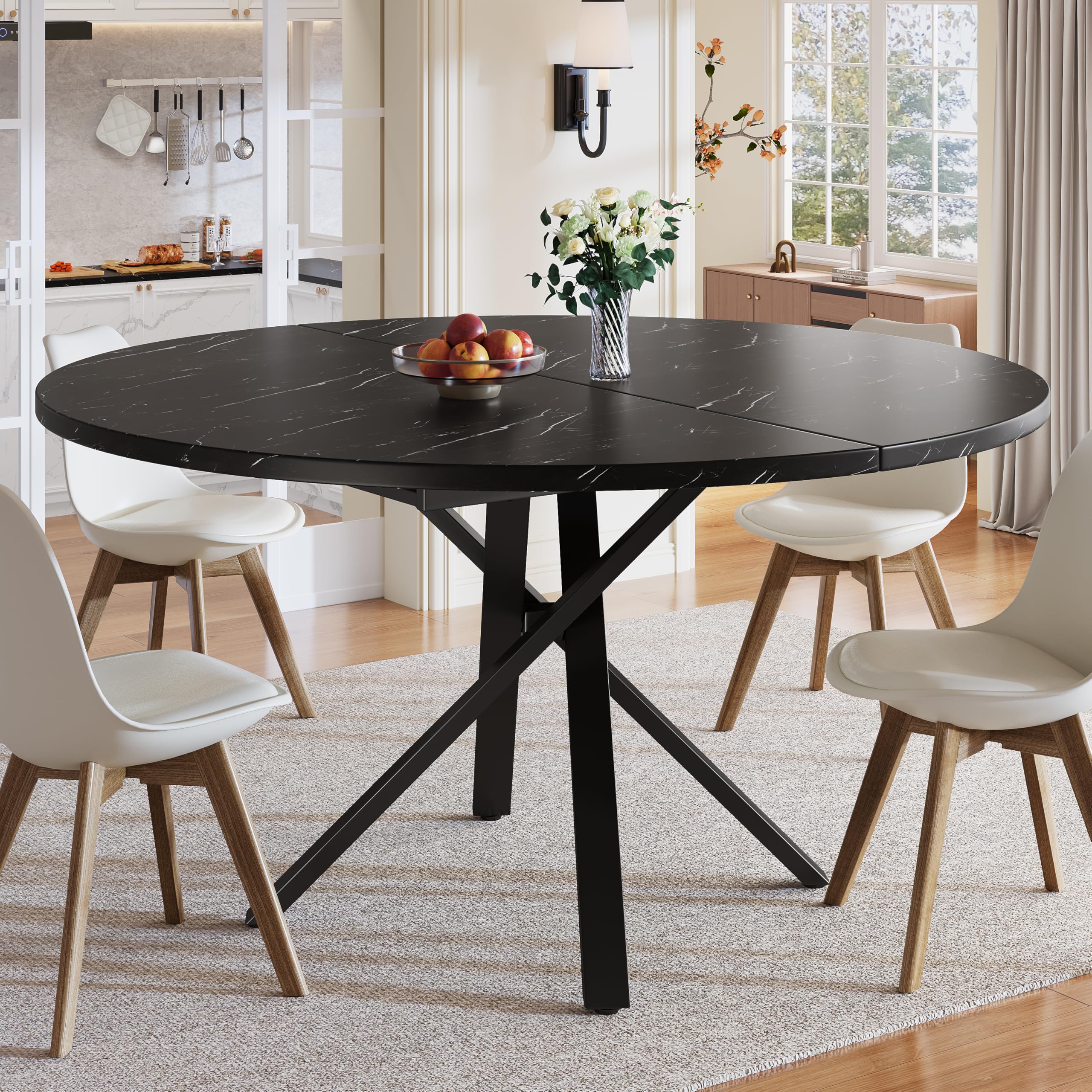 Kebnor Tavolo allungabile rotondo effetto marmo, 100 cm (allungabile fino a 140 cm) x 75,5 cm di altezza, con robusta struttura in metallo di colore nero, ideale come tavolo da cucina o tavolo da