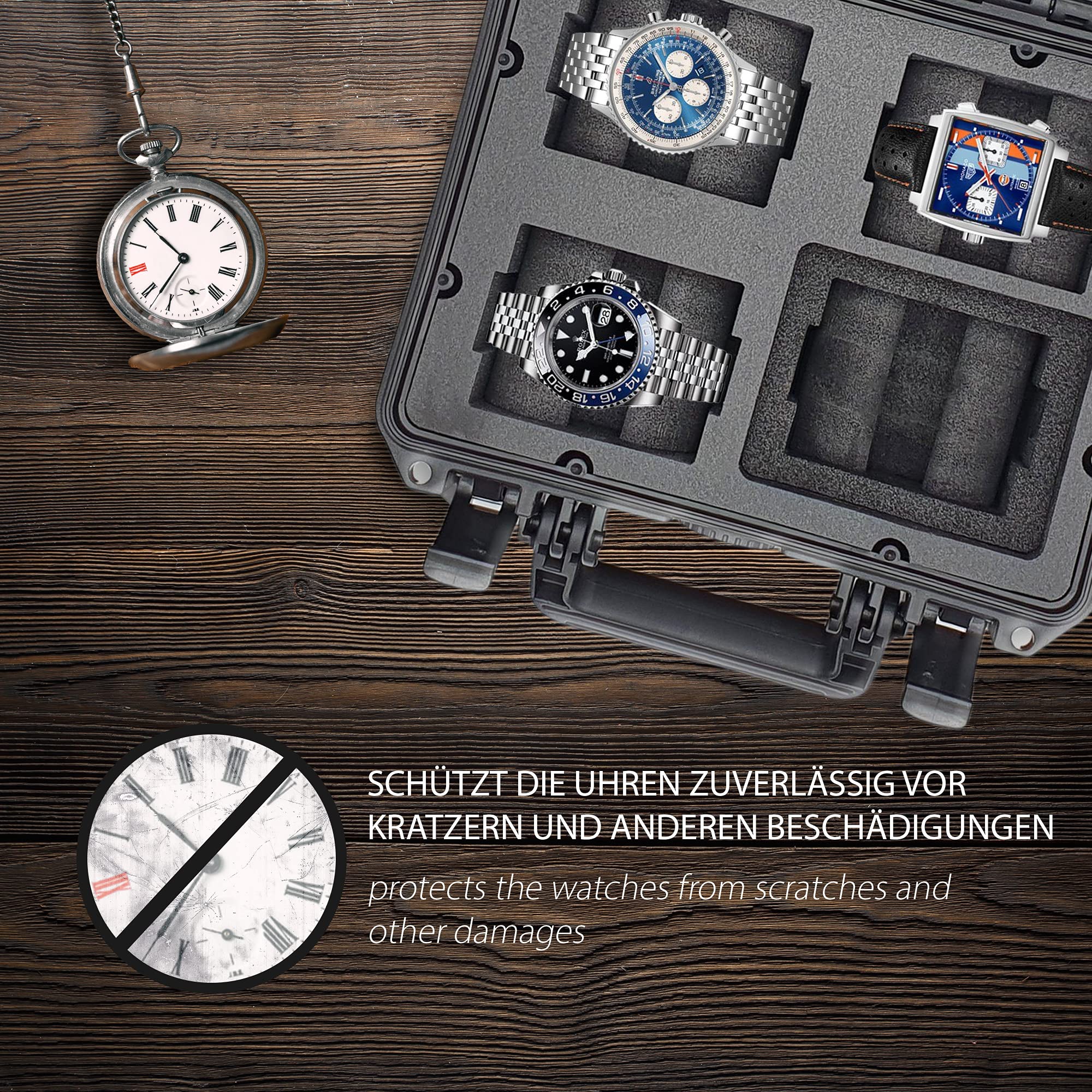 valigetta porta orologi - ospita fino a 4 orologi - si chiude a chiave, resiste all'acqua, ben protetta - perfetta per viaggiare - Made in Germany
