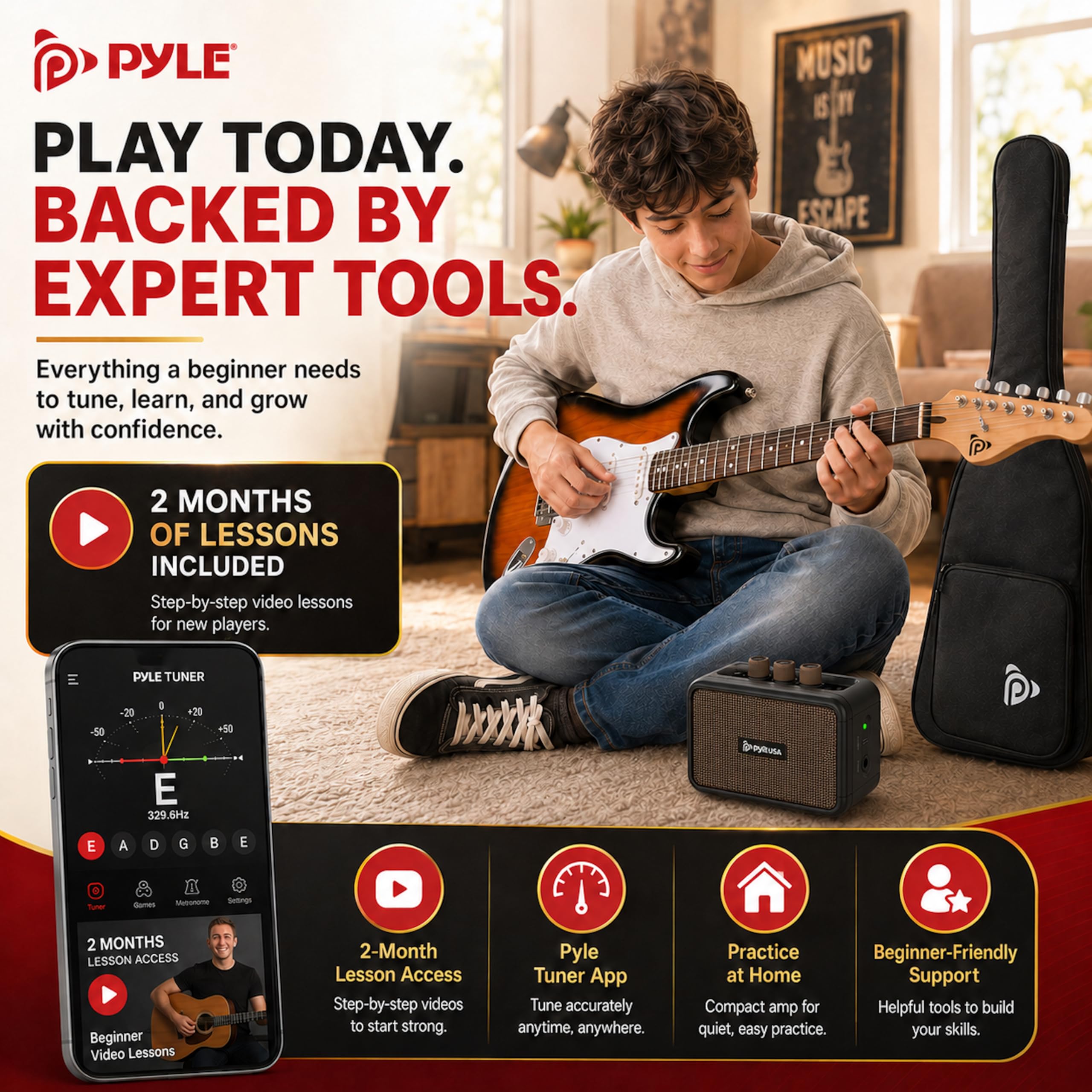 Pyle Guitare Électrique Taille Complète avec Ampli 5W – Pack Débutant Style ST, 22 Frettes, Corps en Bois, Étui, Sangle, Médiators et Cordes de Rechange - Sun Burst