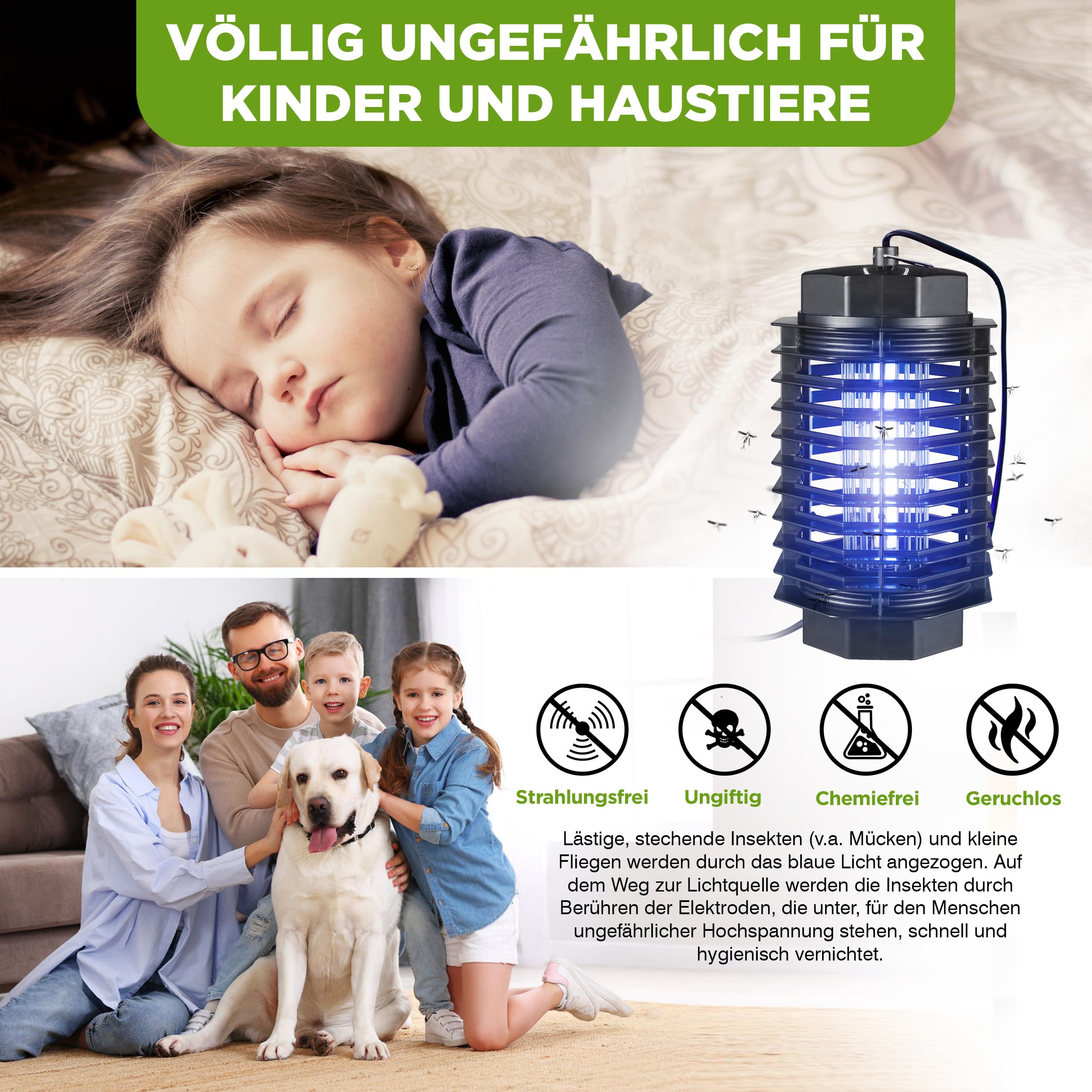 ISOTRONIC Elektrischer Insektenvernichter schützt vor Mücken, Fliegen & Motten– UV Mückenlampe mit 500V für Innen – Wirkungsbereich von 50m² (3 Stück)