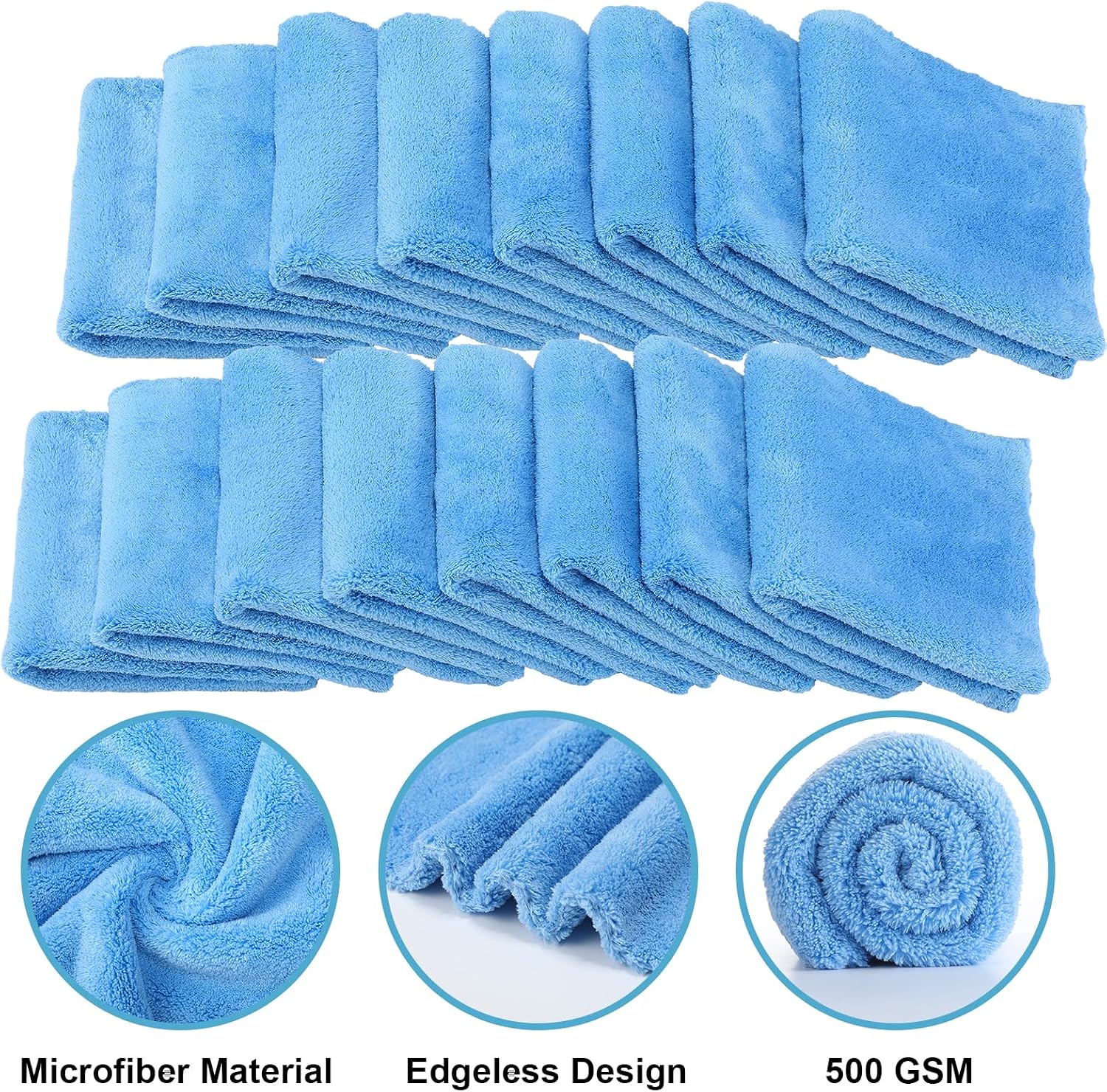 Shimeyao 30 Pcs Edgeless Microfiber Plush Towels for Cars Detailing Drying Wash Polishing Absorbent Cleaning Cloths, 500 GSM (12.5 × 12.5 Inch,Light Blue)