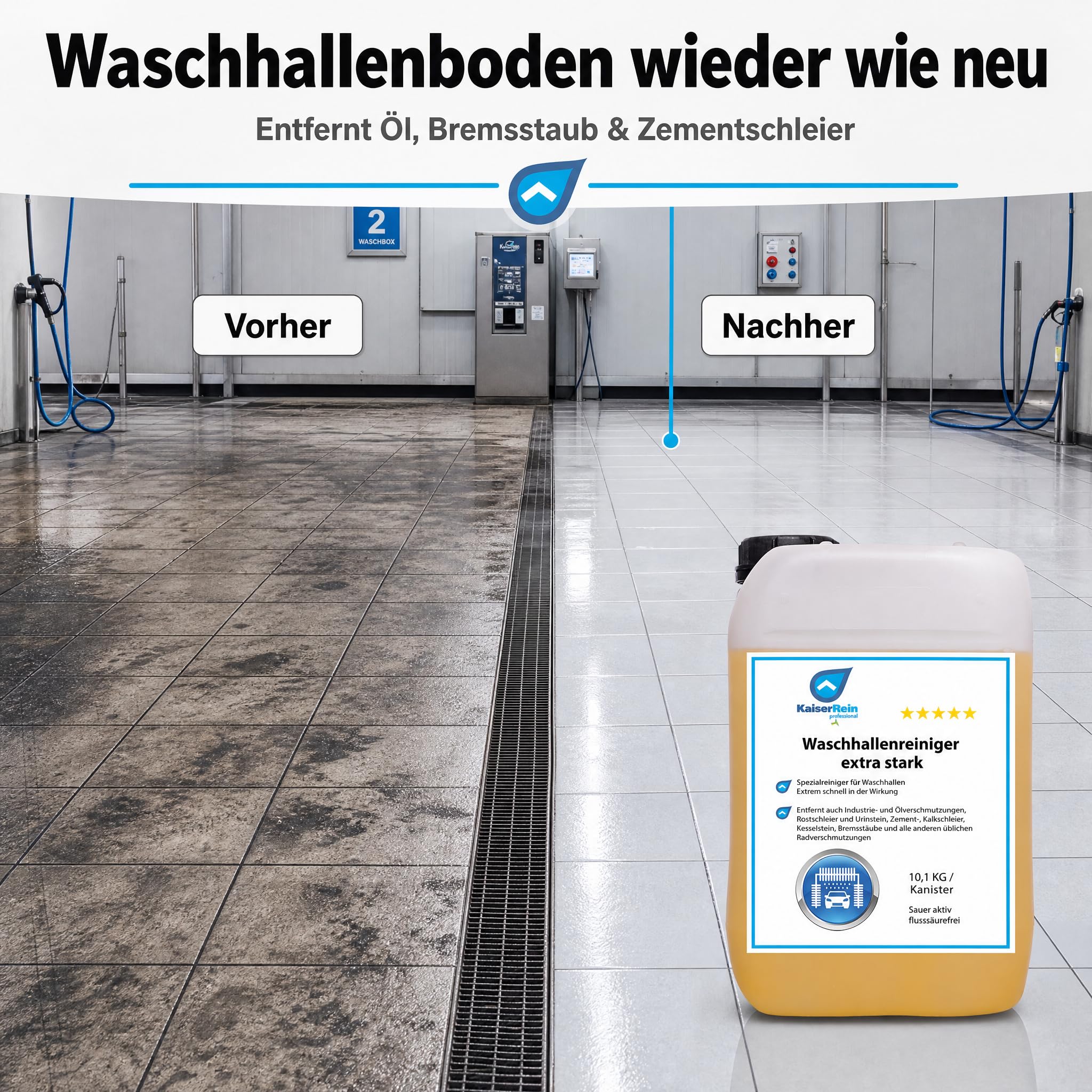 KaiserRein Fliesenreiniger Waschhallenreiniger Extra Stark, Zementschleierentferner und Bodenreiniger Konzentrat, Sauer Aktiv & Flusssäurefrei, für Waschhalle/Hallenboden/Fliesen, 10,1 kg Kanister
