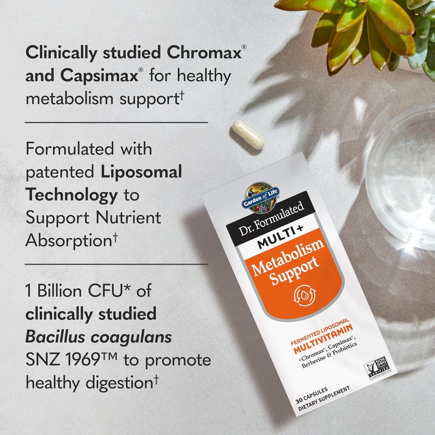Garden of Life Dr. Formulated Multi+ Metabolism Support - Fermented Liposomal Multivitamin + Chromax, Capsimax, Berberine & Probiotics - 30 Capsules