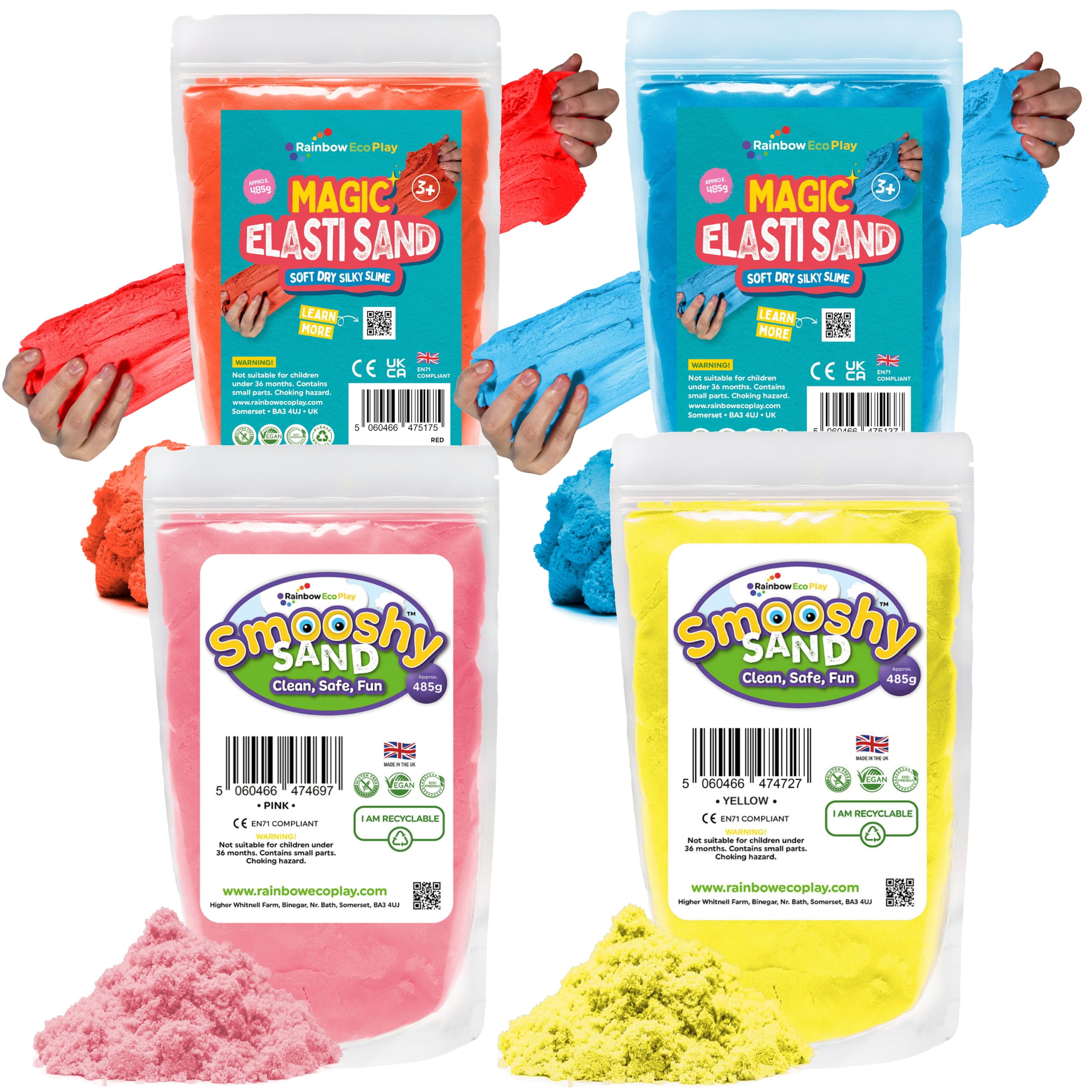 Rainbow Eco Play Green/Purple/Pink/Yellow Magic Elasti And Smooshy Sensory Soft Sand 4 X 485G