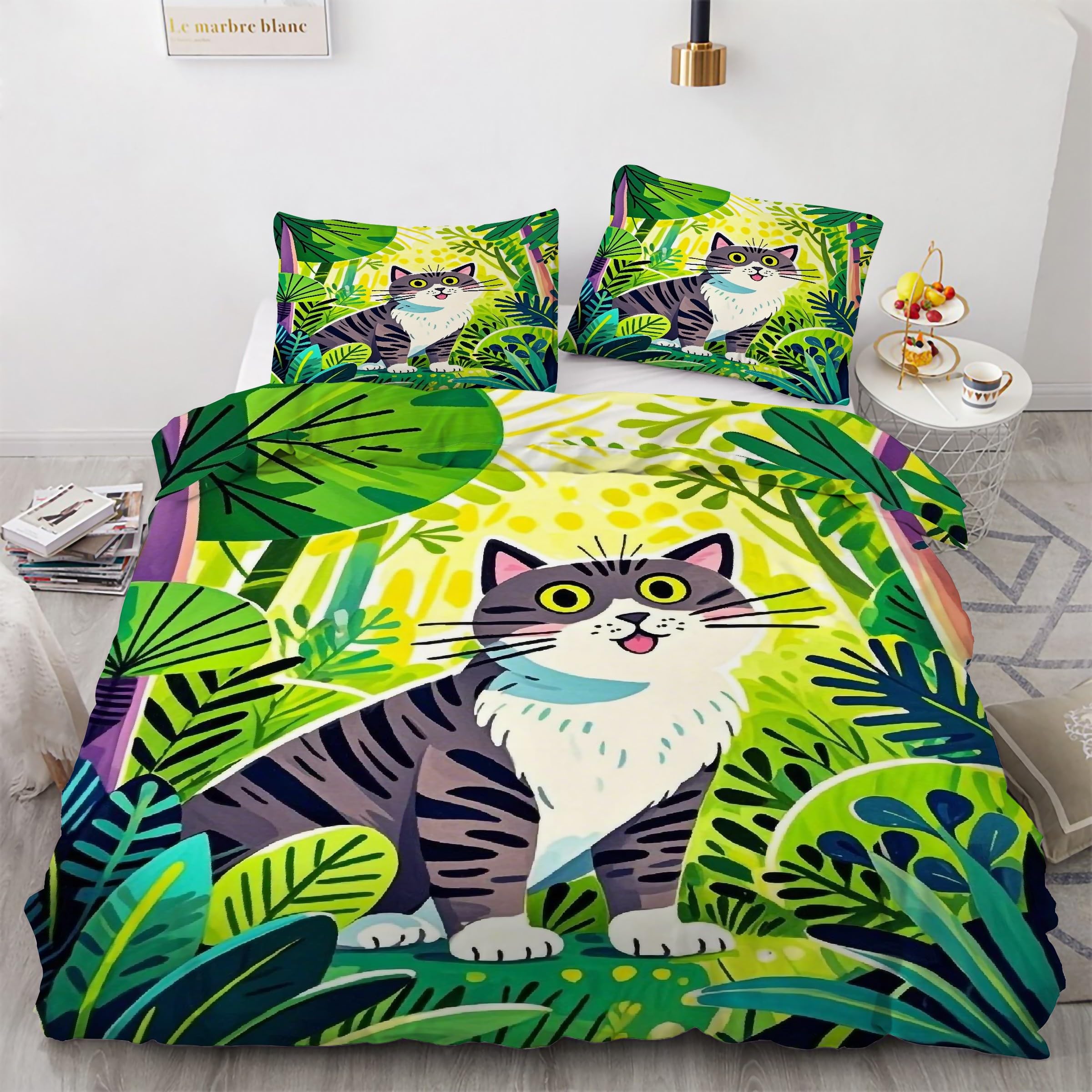 Ensemble de literie 3 pièces chat 90x190 avec housse de couette microfibre et taies