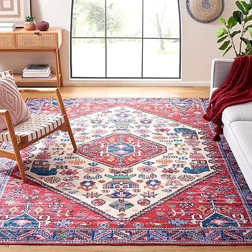 SAFAVIEH Tucson Collection - Alfombra de área de 8 x 10 pies, color beige y óxido, diseño bohemio persa, no desprende pelusa, lavable a máquina y